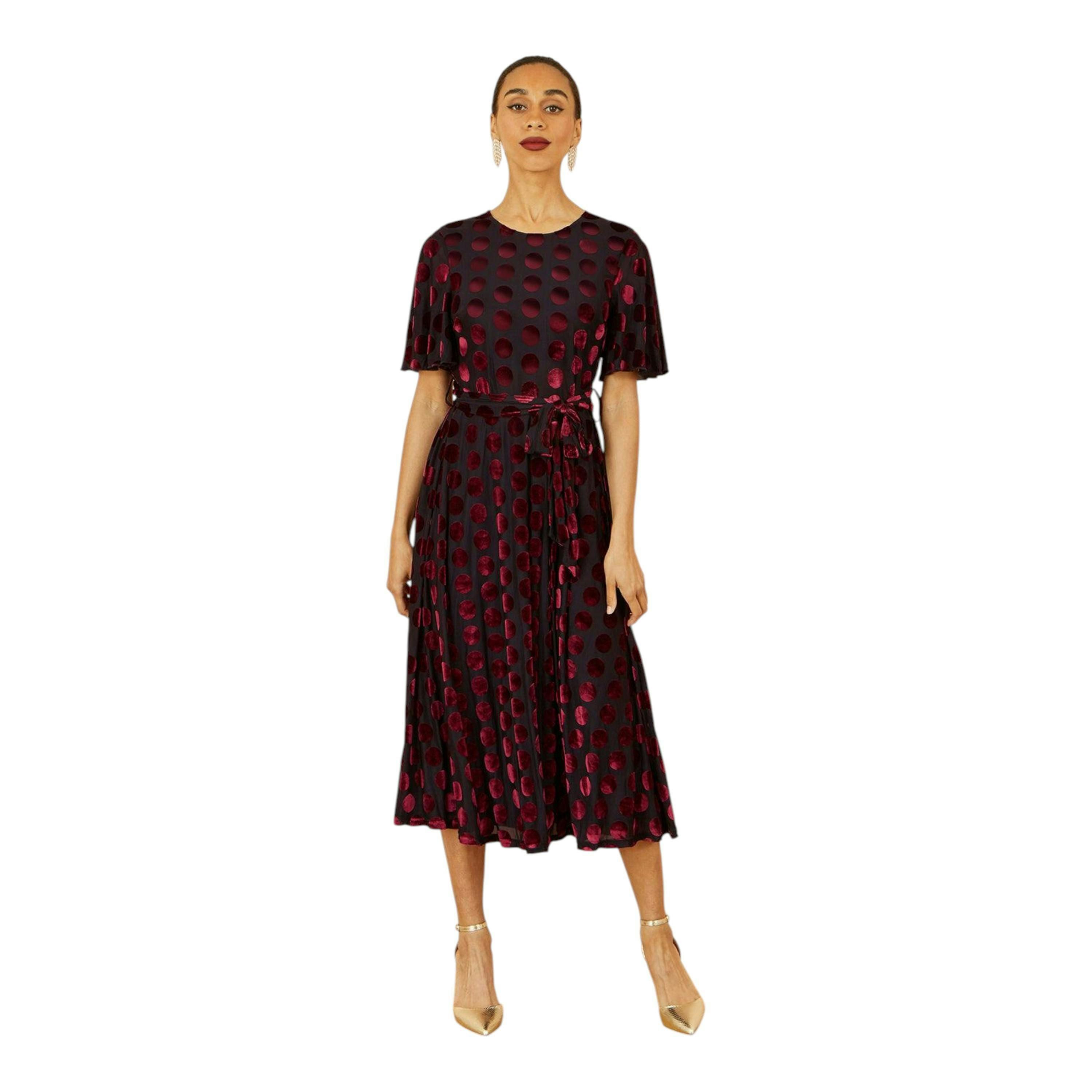 Yumi Burgundy Velour Spot Midi Skater Dress , view 1 of 6
