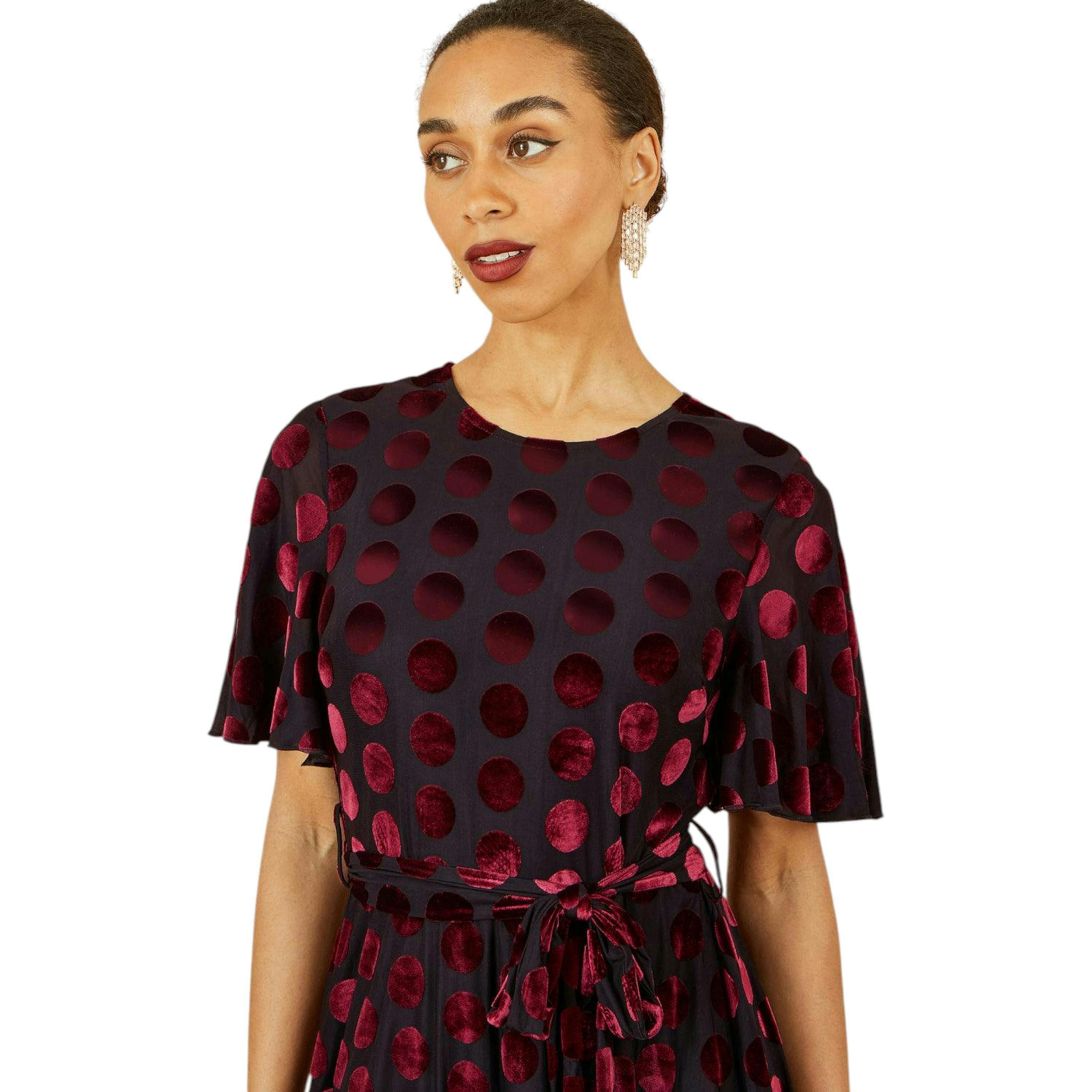Yumi Burgundy Velour Spot Midi Skater Dress , view 2 of 6