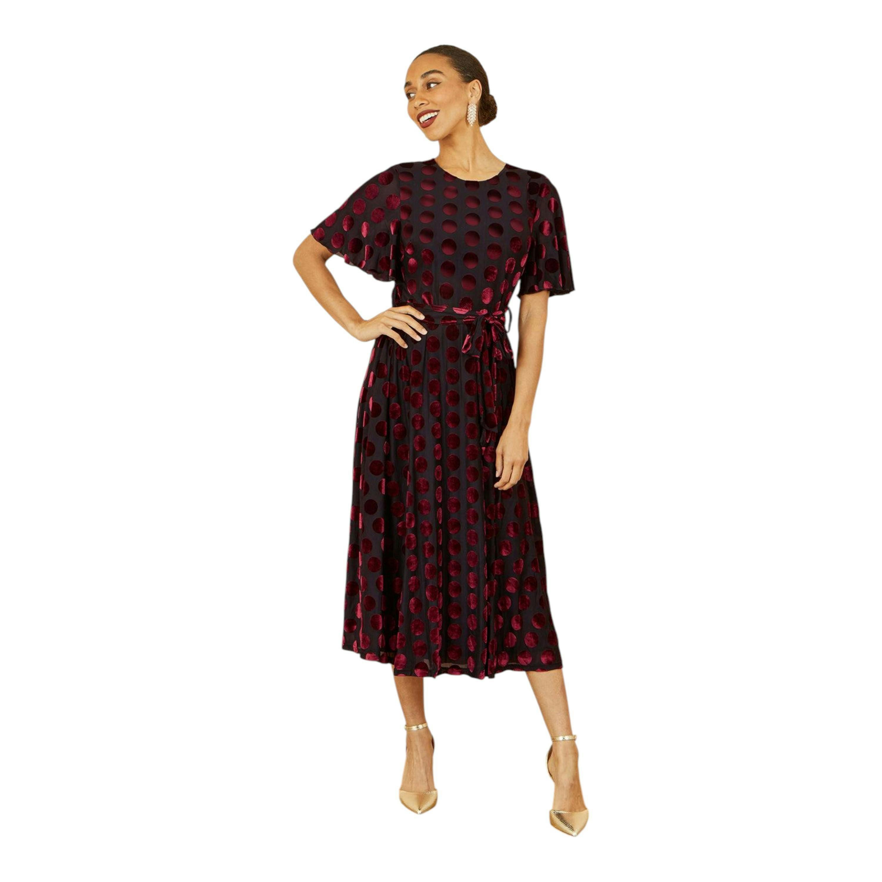 Yumi Burgundy Velour Spot Midi Skater Dress , view 3 of 6
