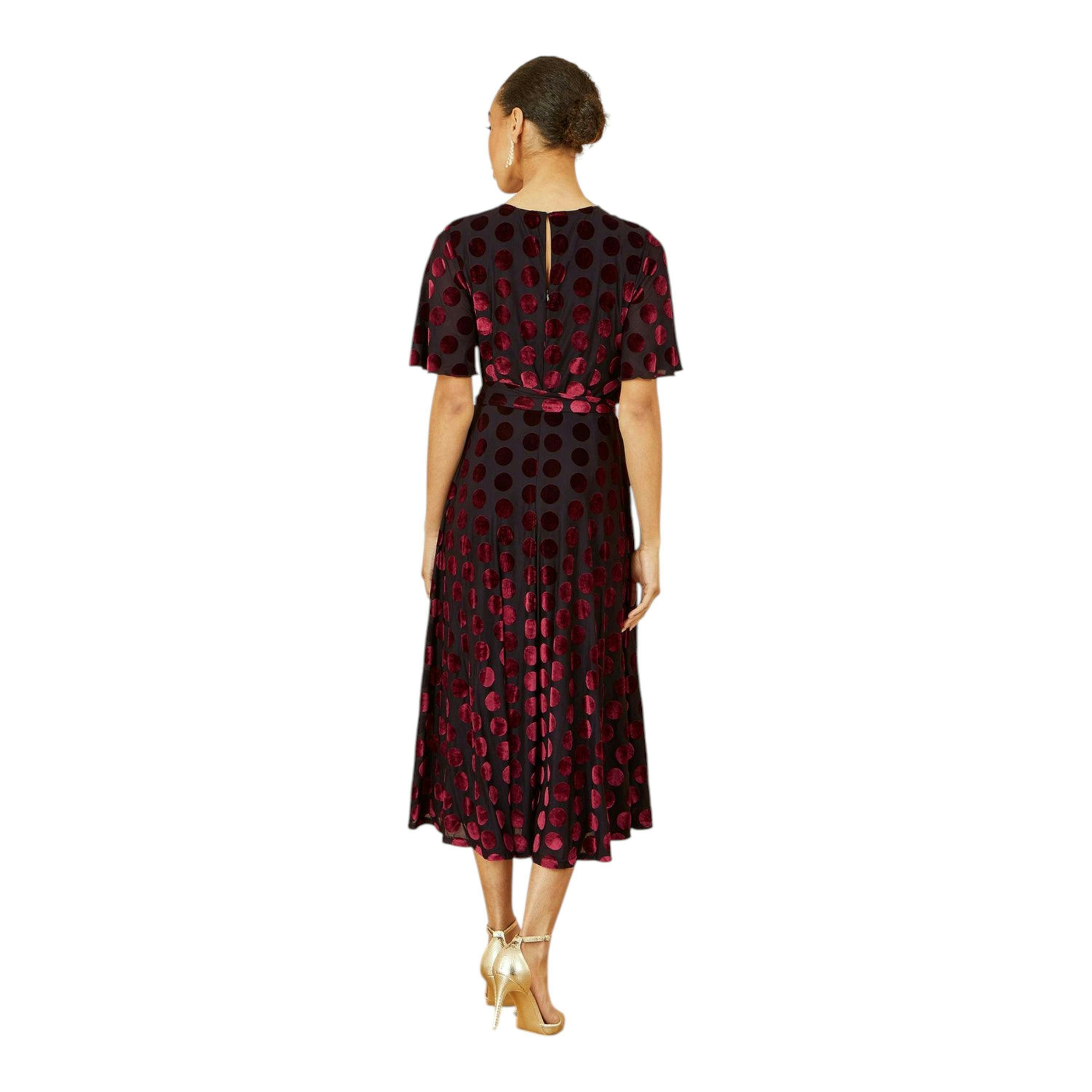Yumi Burgundy Velour Spot Midi Skater Dress , view 4 of 6