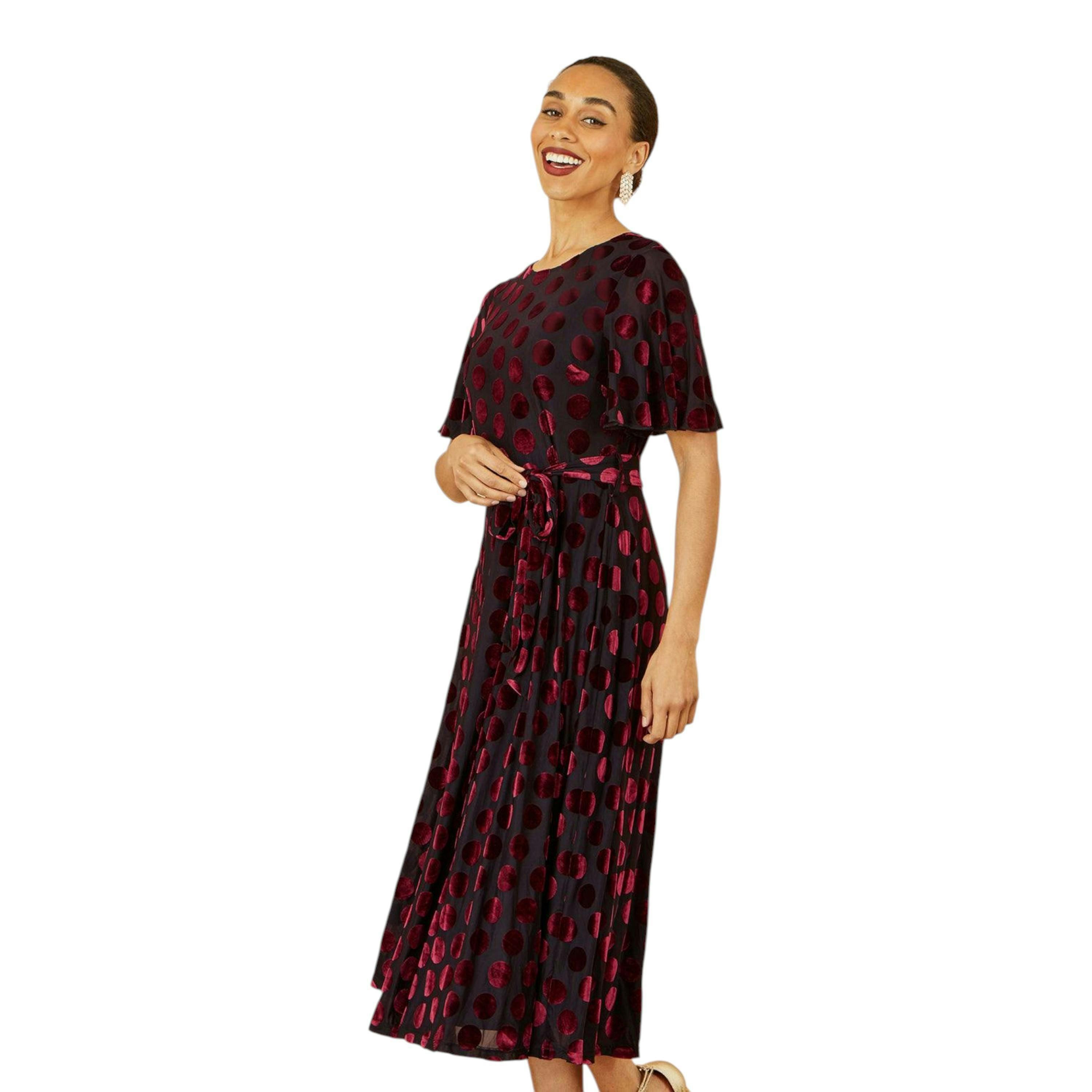 Yumi Burgundy Velour Spot Midi Skater Dress , view 5 of 6