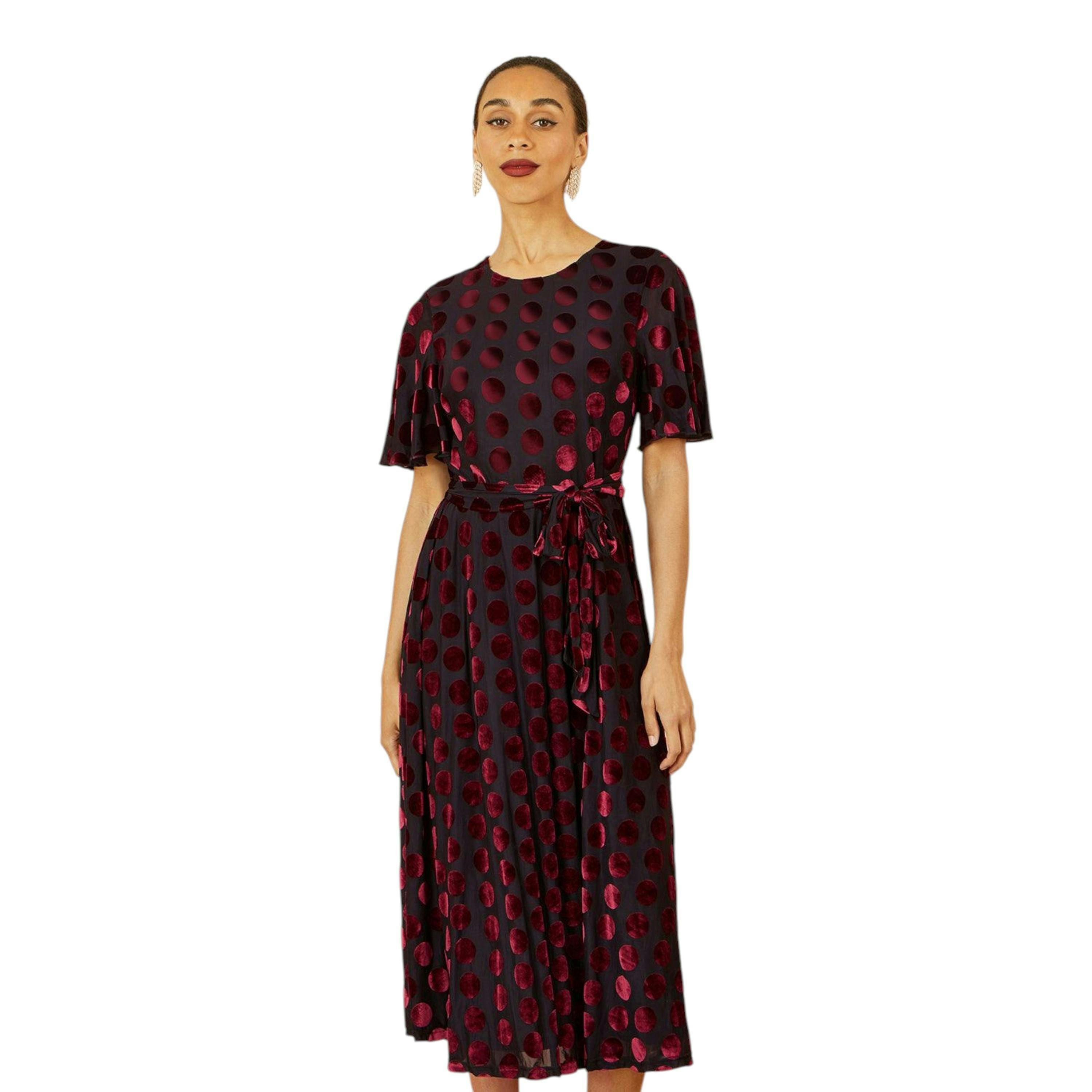 Yumi Burgundy Velour Spot Midi Skater Dress , view 6 of 6