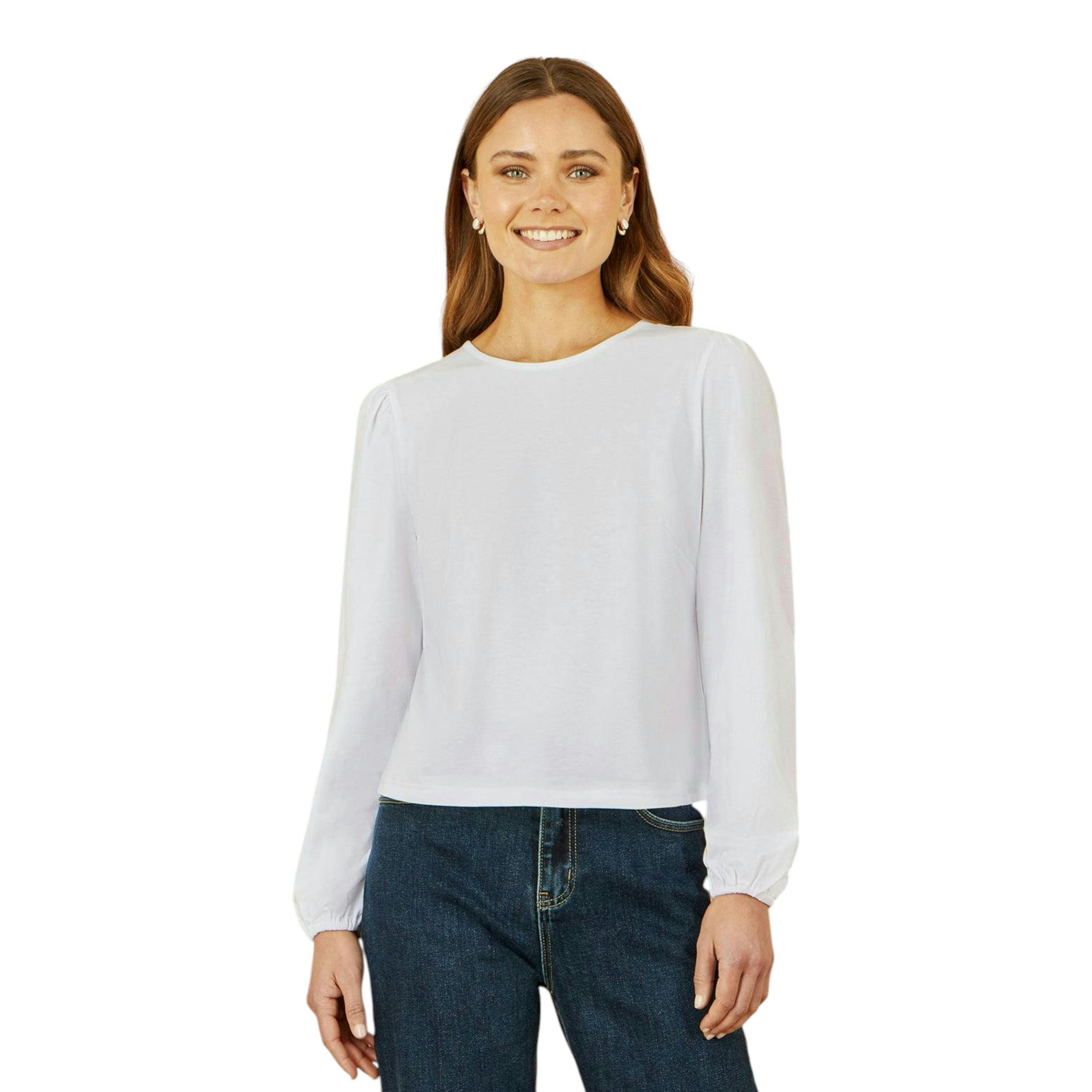 Yumi White Stretch Cotton Jersey Long Sleeve Top , view 1 of 5