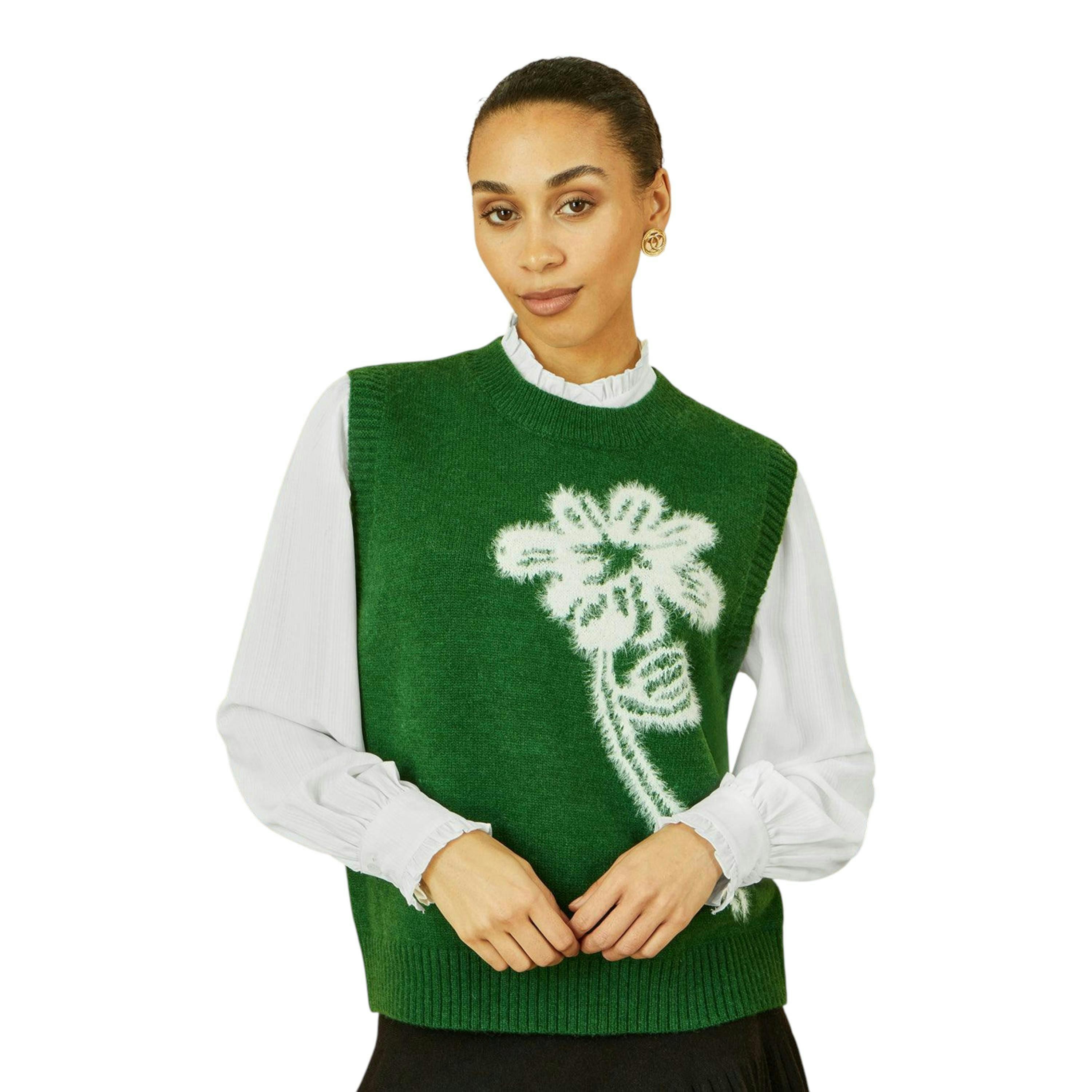 Yumi Green Knitted Flower Sleeveless Jumper Vest , view 1 of 5