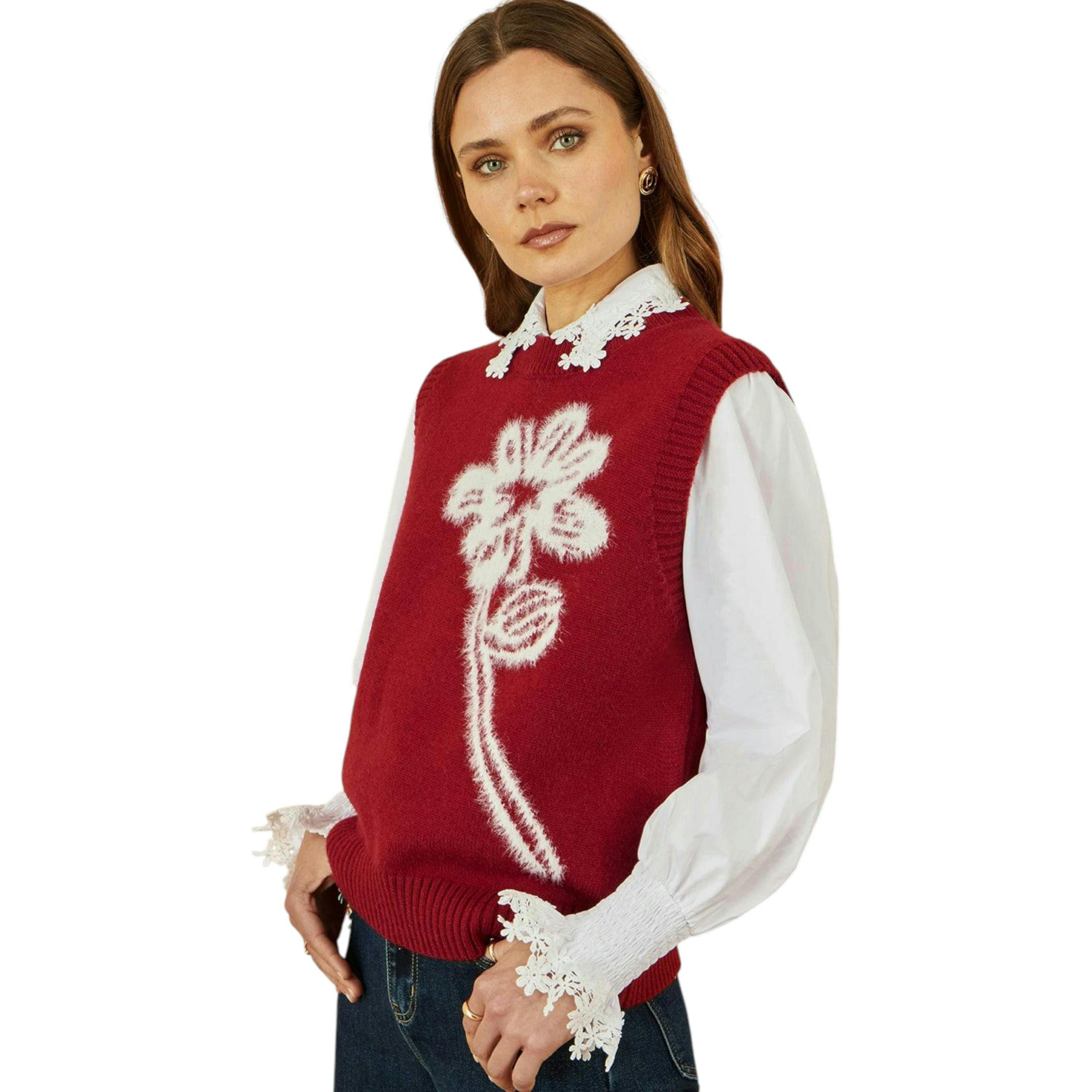Yumi Burgundy Knitted Flower Sleeveless Jumper Vest , view 1 of 5