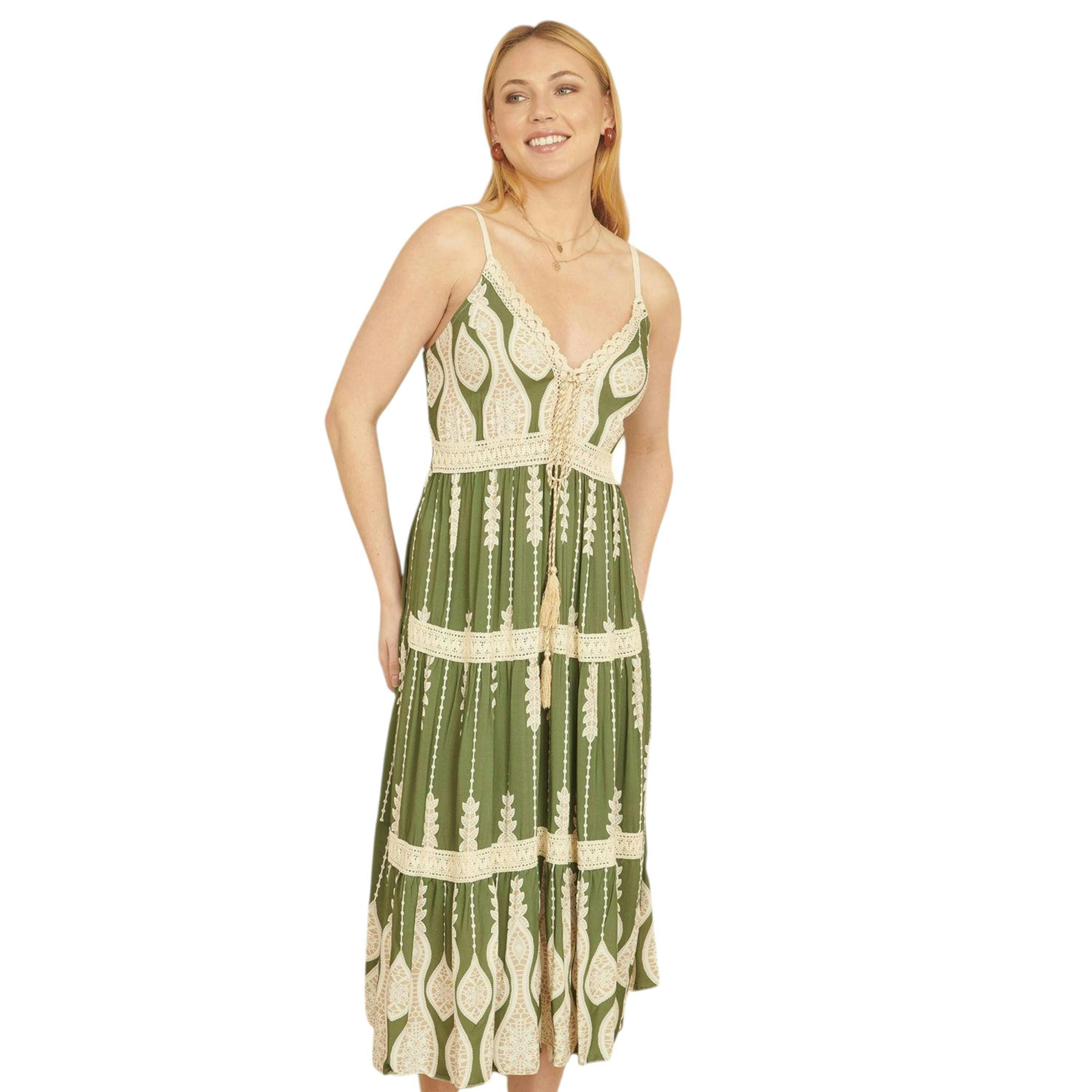Yumi Green Viscose Paisley Print Lace Trim Midi Sun Dress , view 1 of 5