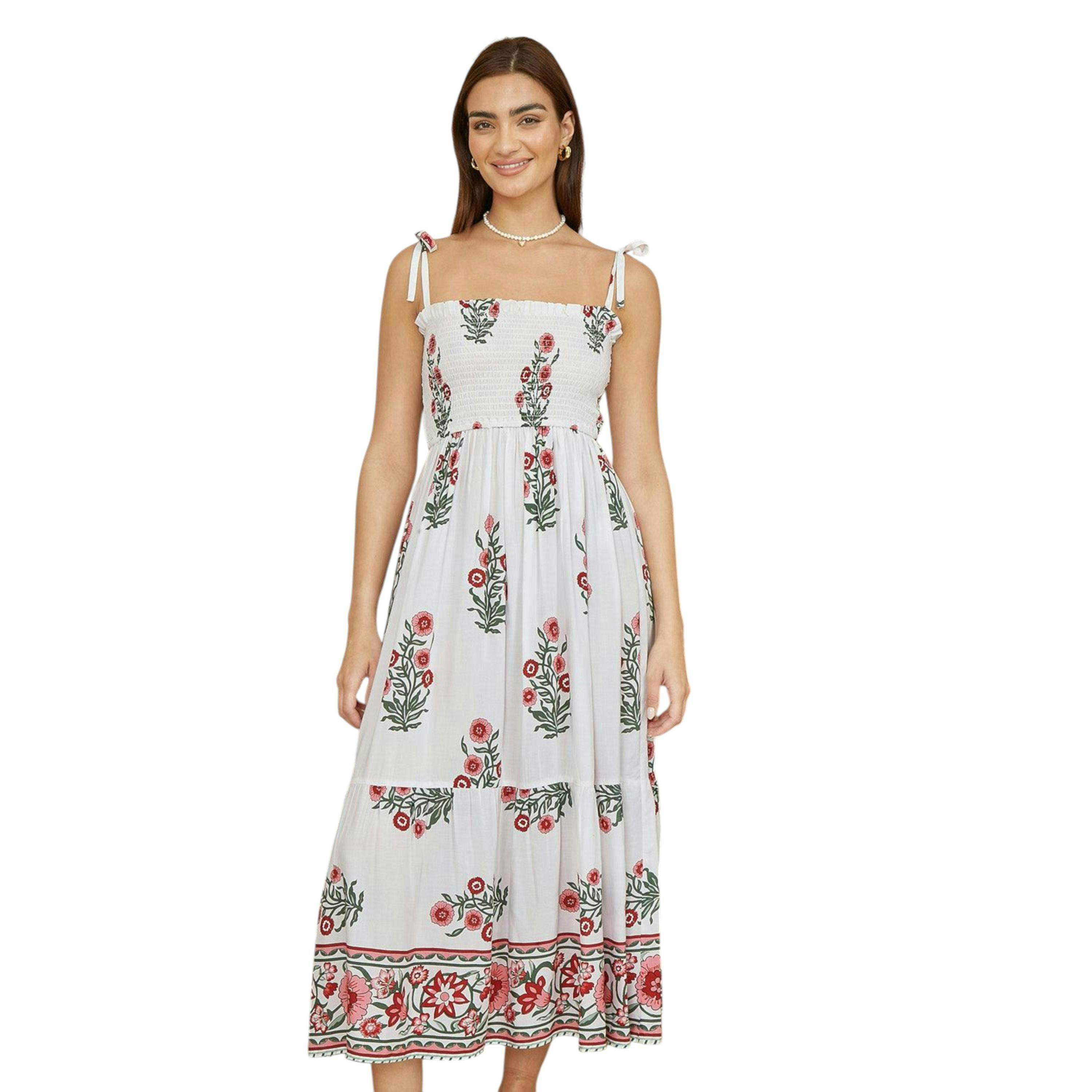 Yumi White Floral Printed Smocked Midi Dress , view 1 of 4