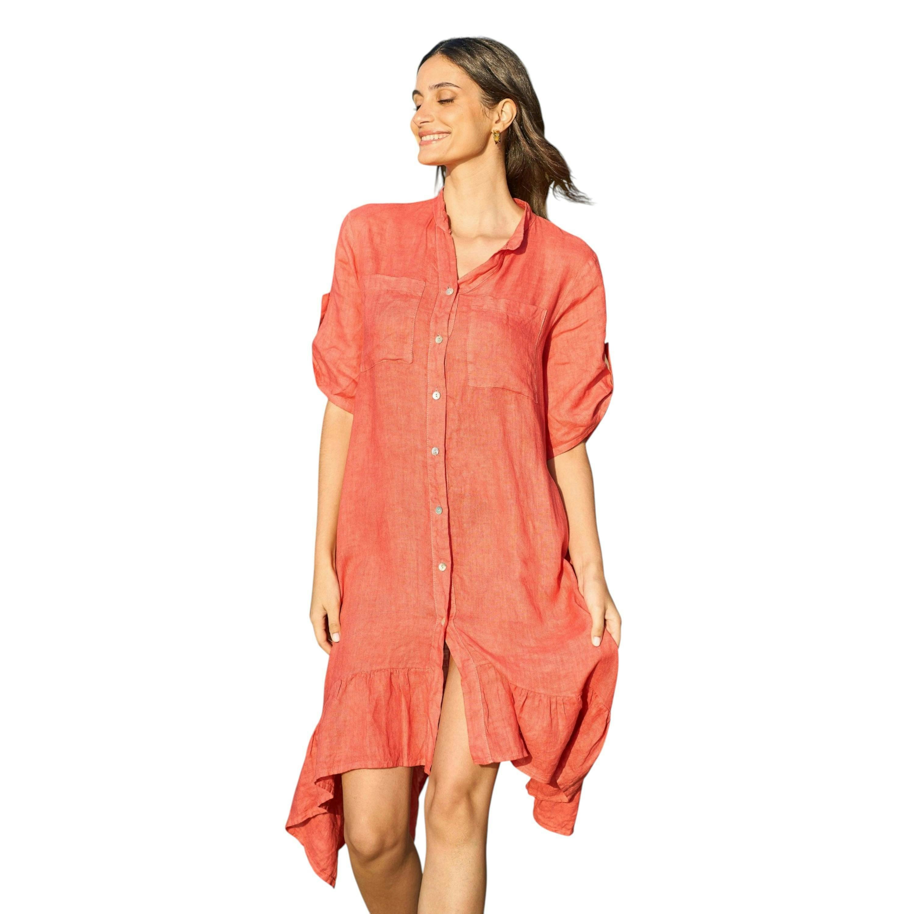 Yumi Coral Italian Linen Shirt Dress With Frill Hem , view 1 of 6