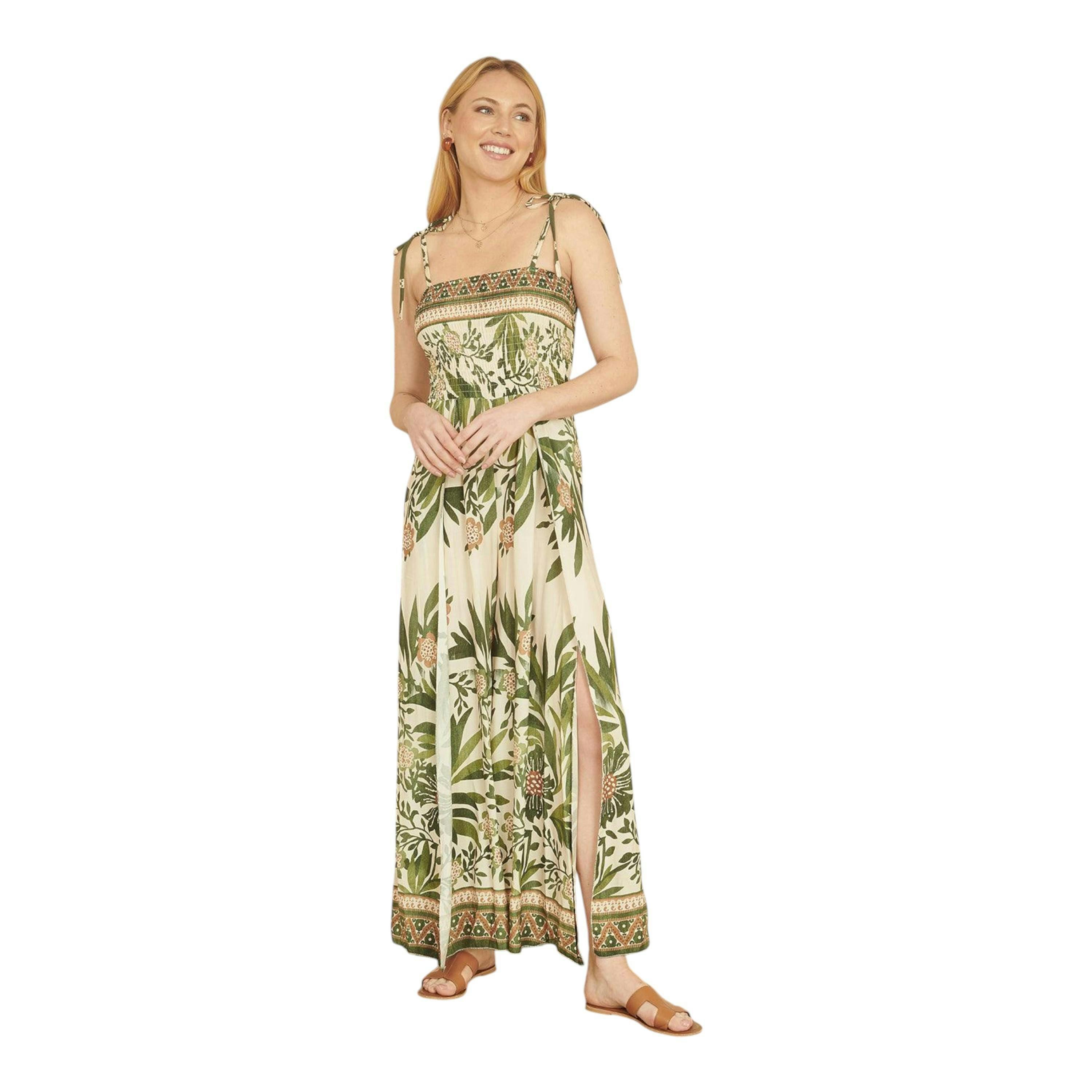 Yumi Green Palm Print Strappy Viscose Jumpsuit , view 1 of 5
