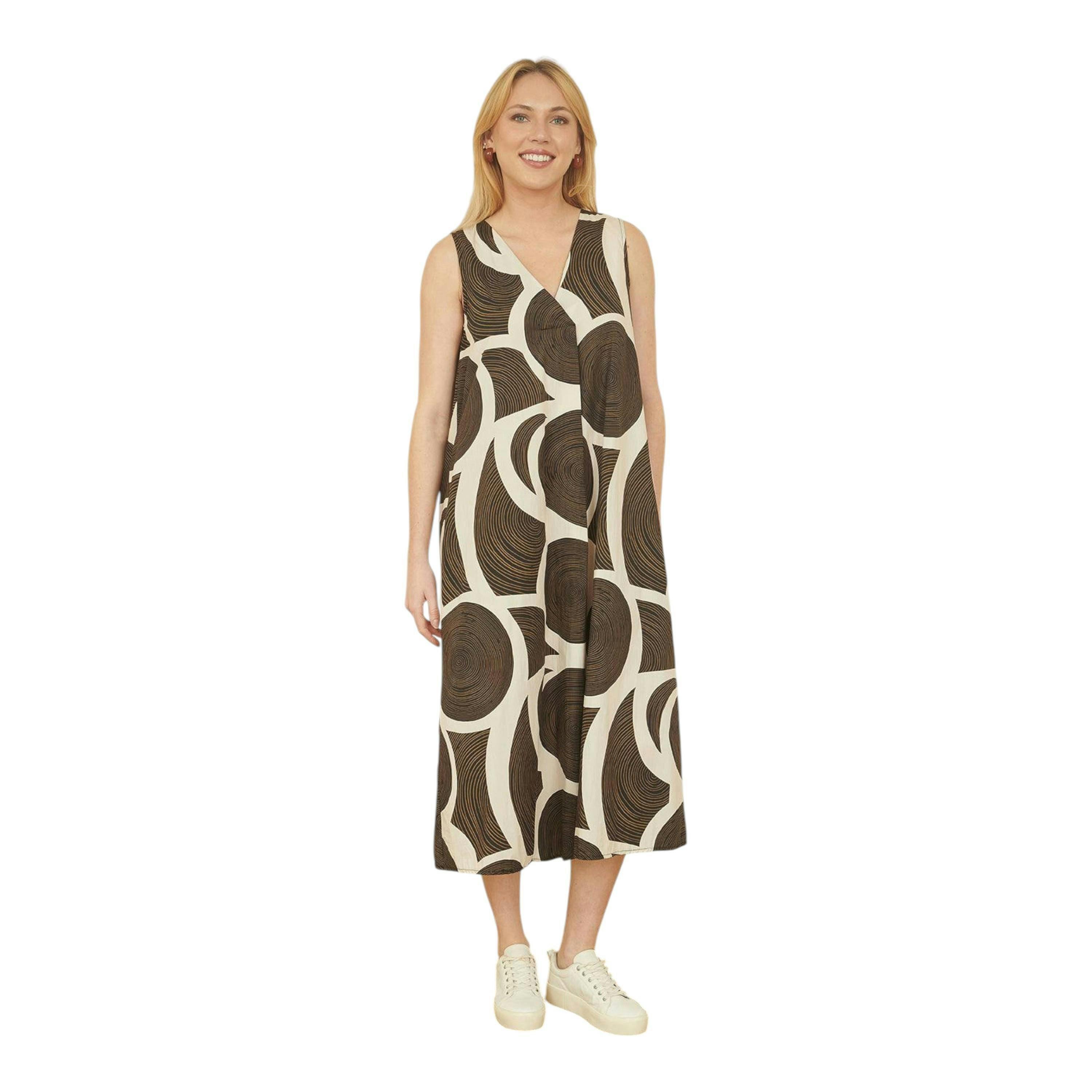 Yumi Brown Cotton Abstract Circle Trapeze Relaxed Midi Dress , view 1 of 4