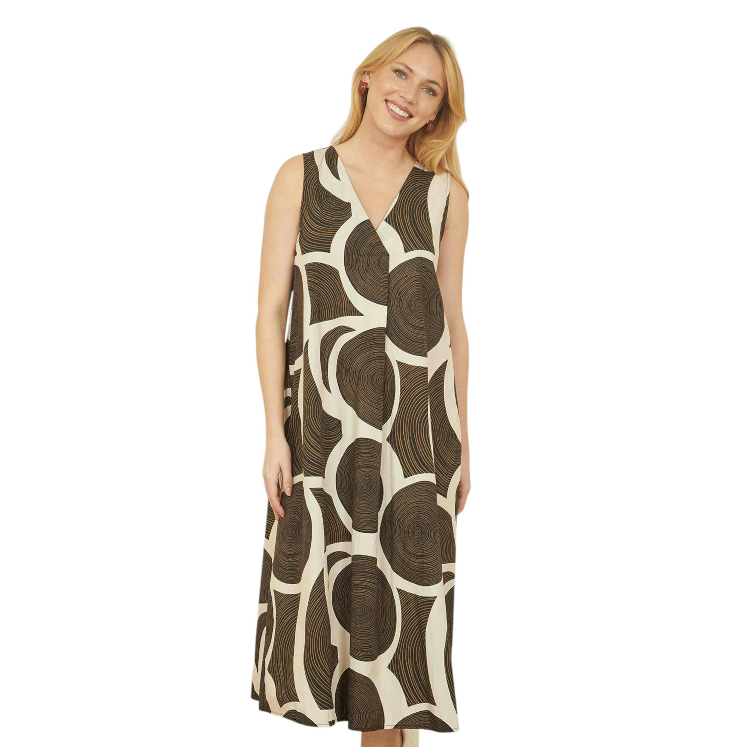 Yumi Brown Cotton Abstract Circle Trapeze Relaxed Midi Dress , view 2 of 4