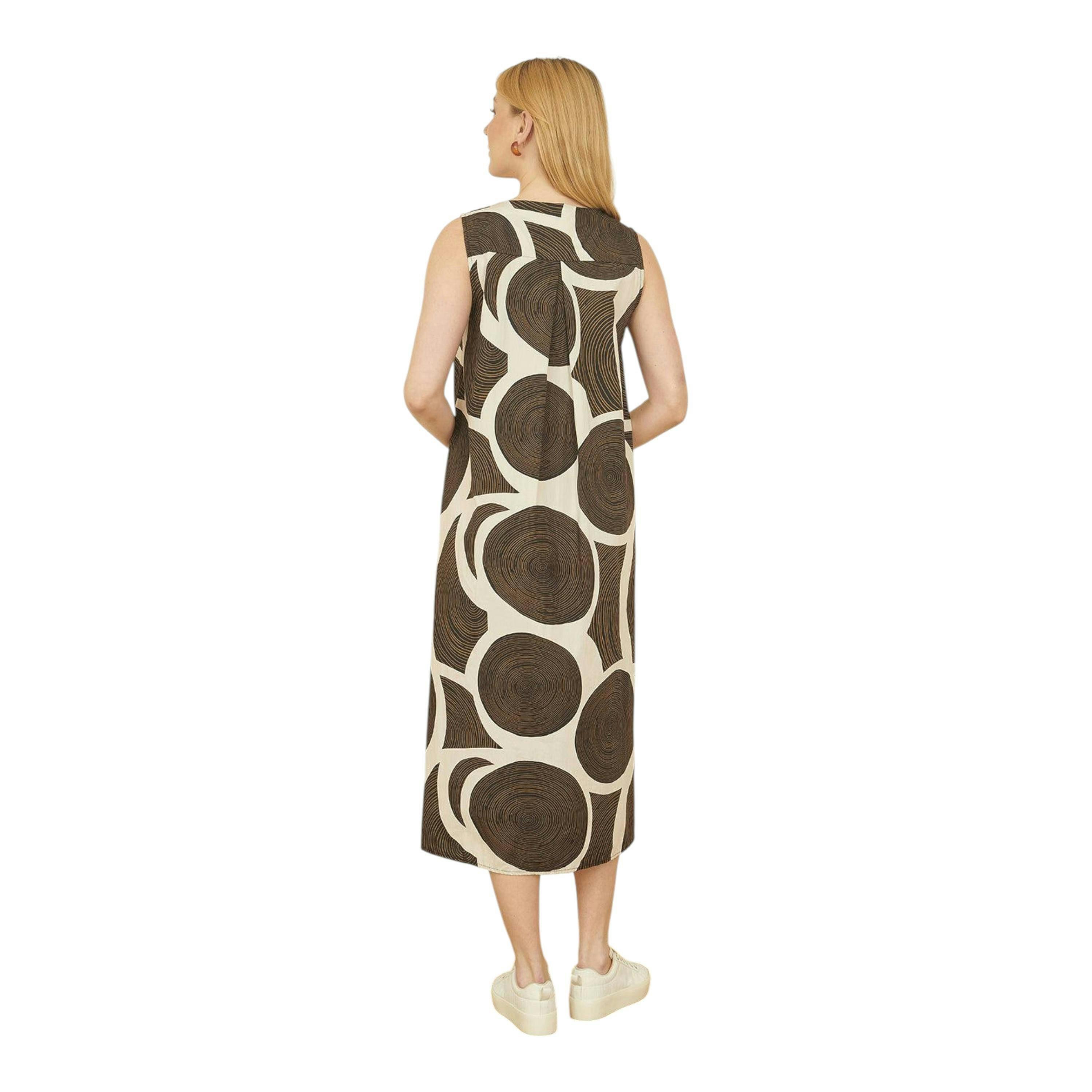 Yumi Brown Cotton Abstract Circle Trapeze Relaxed Midi Dress , view 3 of 4