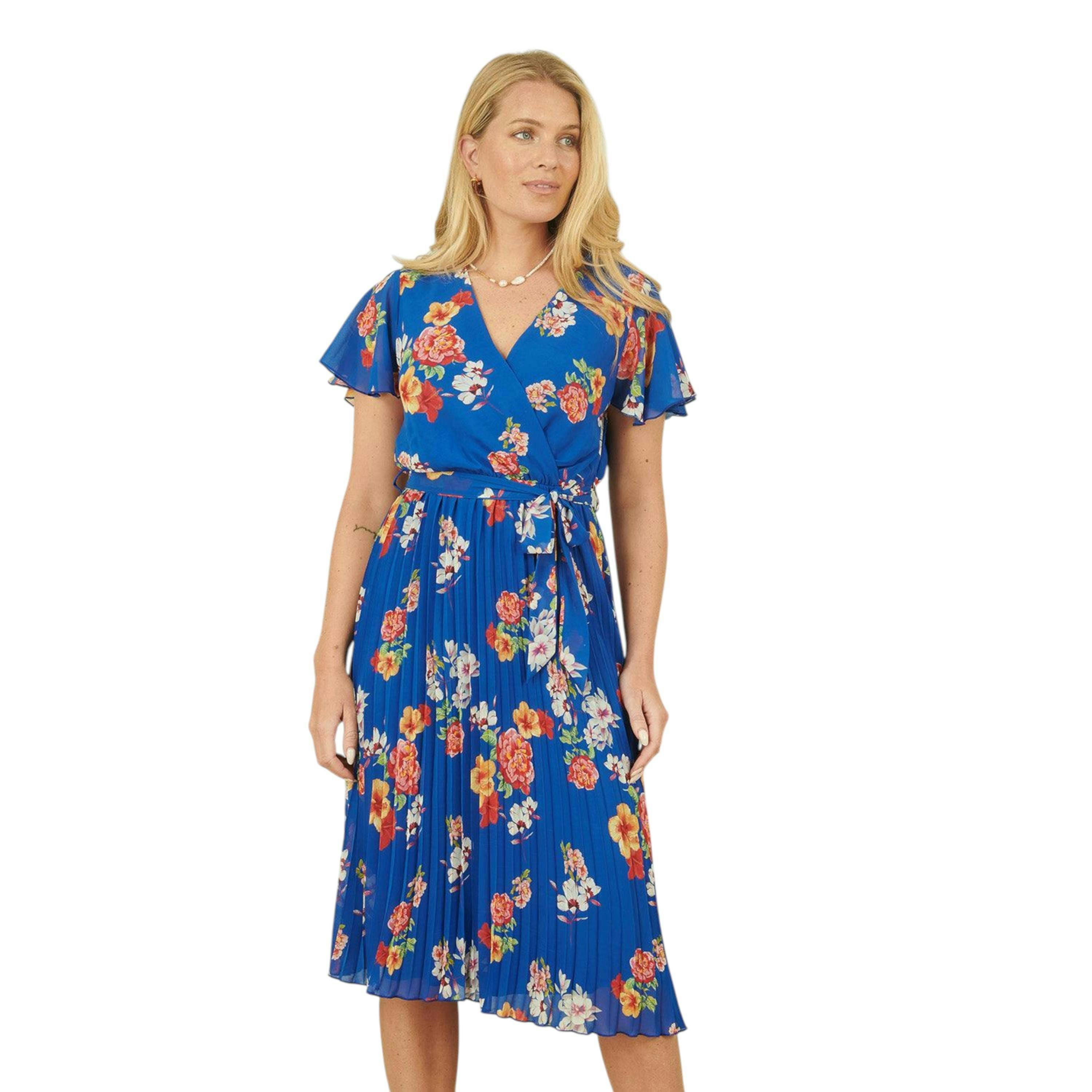 Yumi Blue Floral Pleated Wrap Dress , view 1 of 4