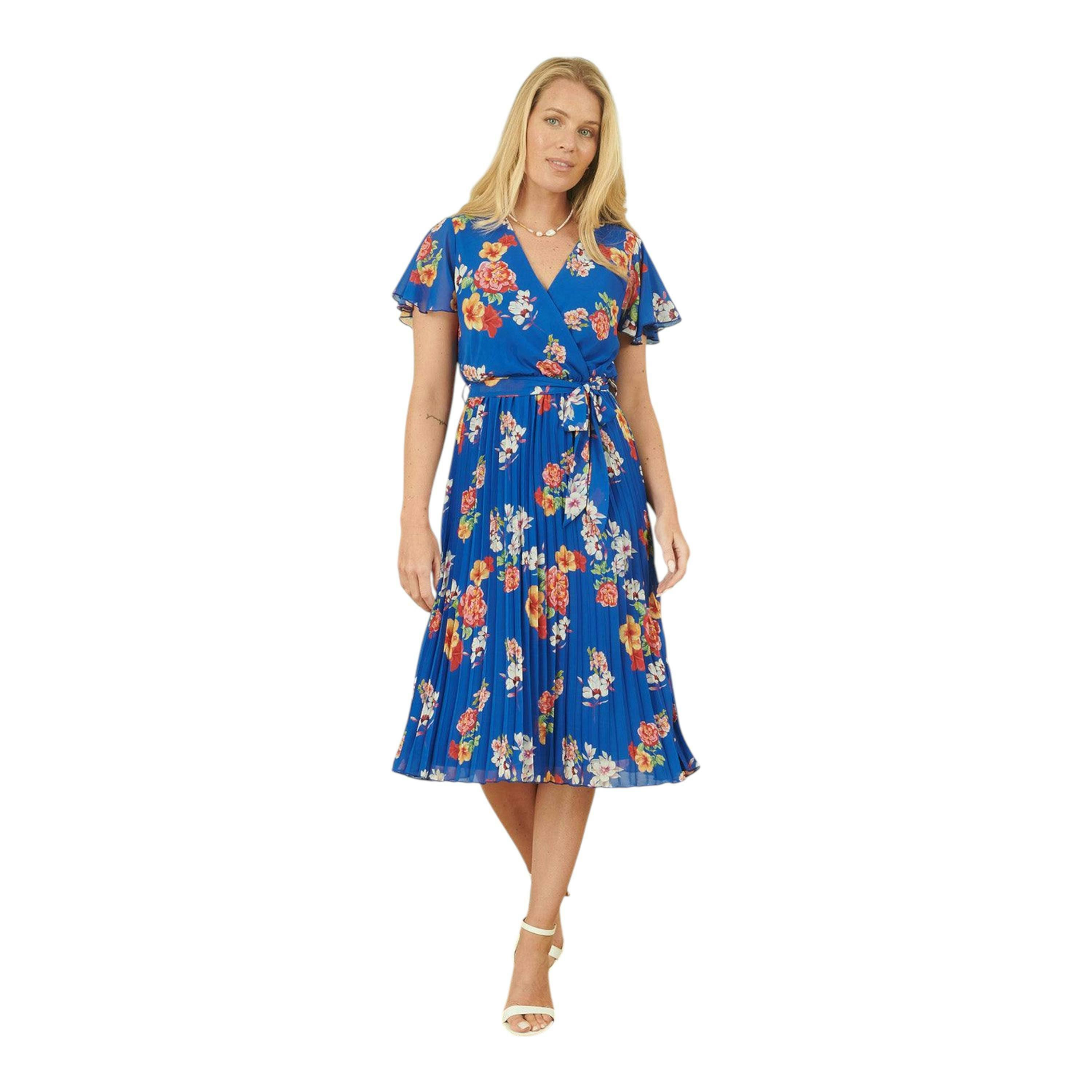 Yumi Blue Floral Pleated Wrap Dress , view 2 of 4