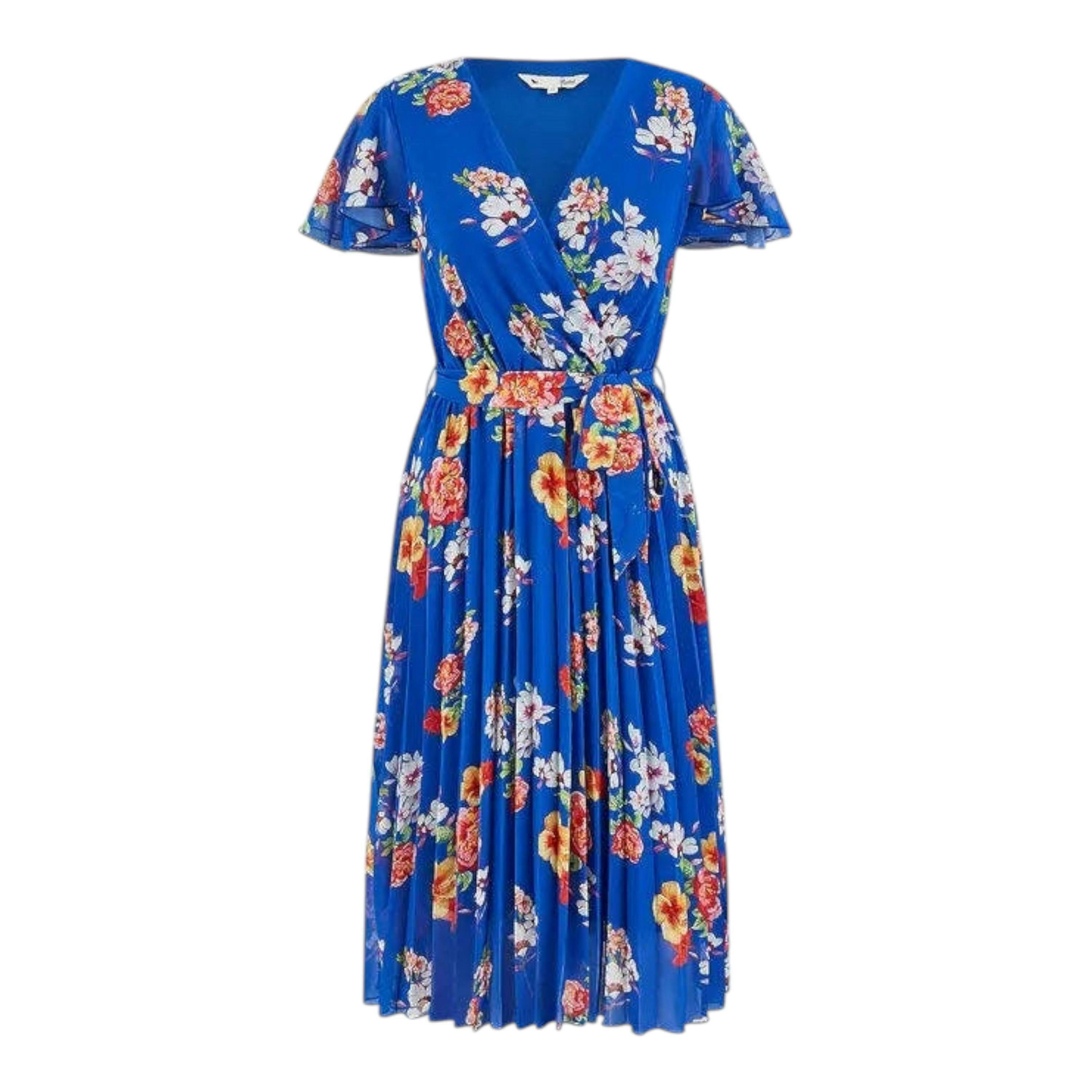 Yumi Blue Floral Pleated Wrap Dress , view 4 of 4