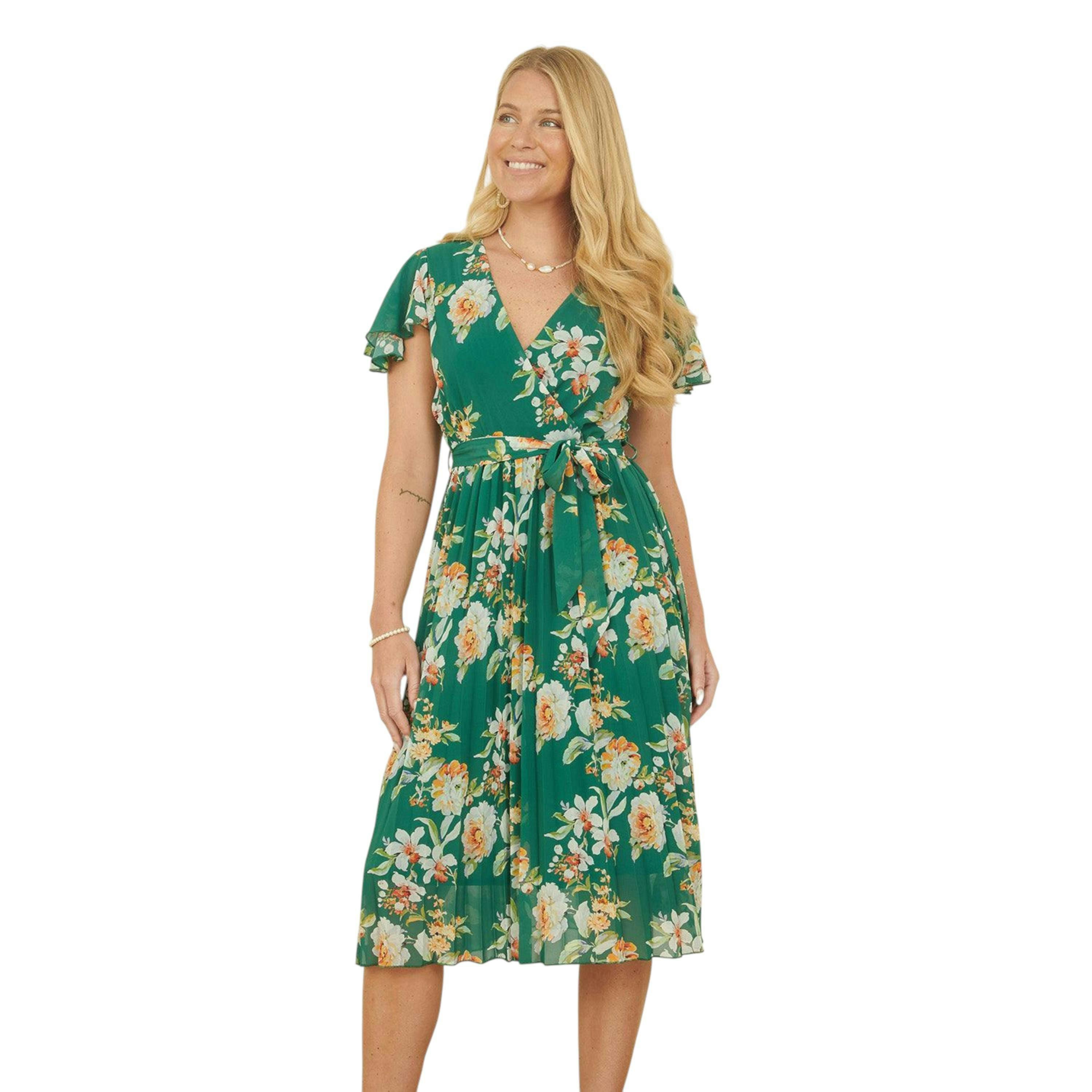Yumi Green Floral Pleated Wrap Dress , view 1 of 5