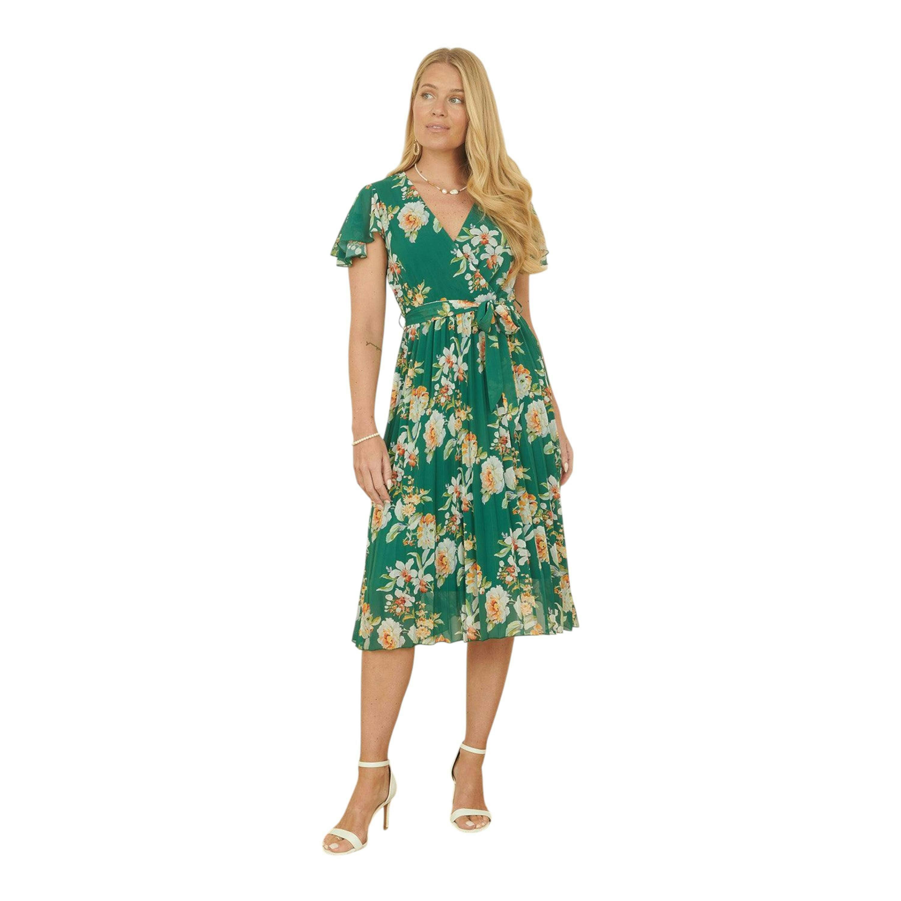 Yumi Green Floral Pleated Wrap Dress , view 4 of 5