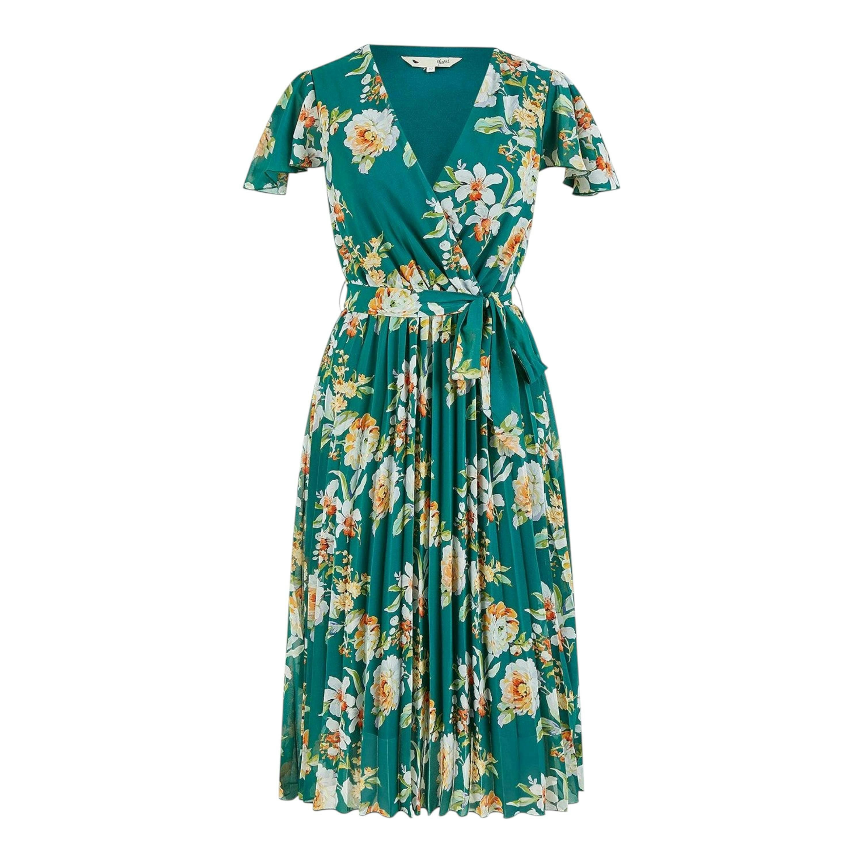 Yumi Green Floral Pleated Wrap Dress , view 5 of 5