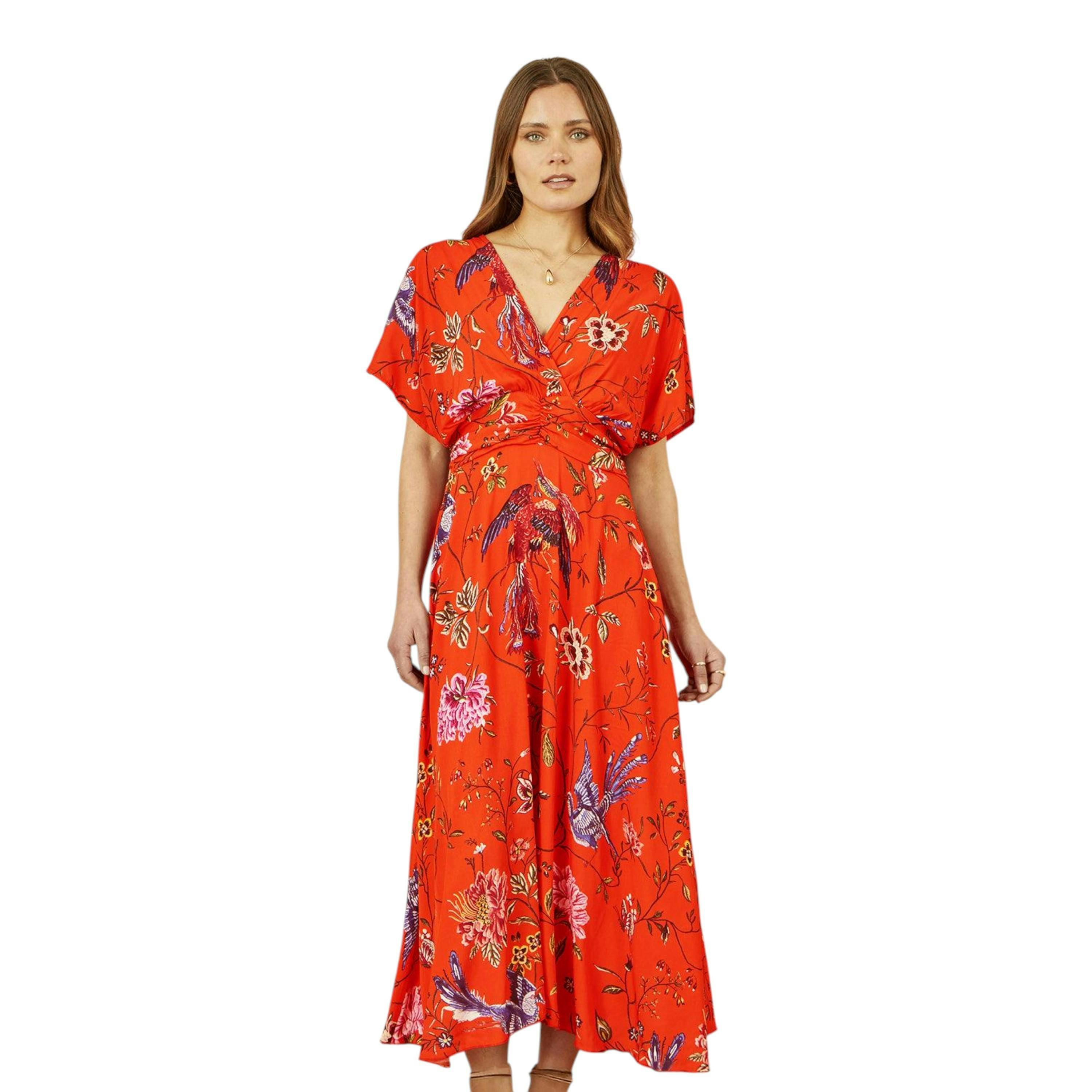 Yumi Orange Viscose Bird and Floral Print Kimono Midi Dress , view 1 of 4