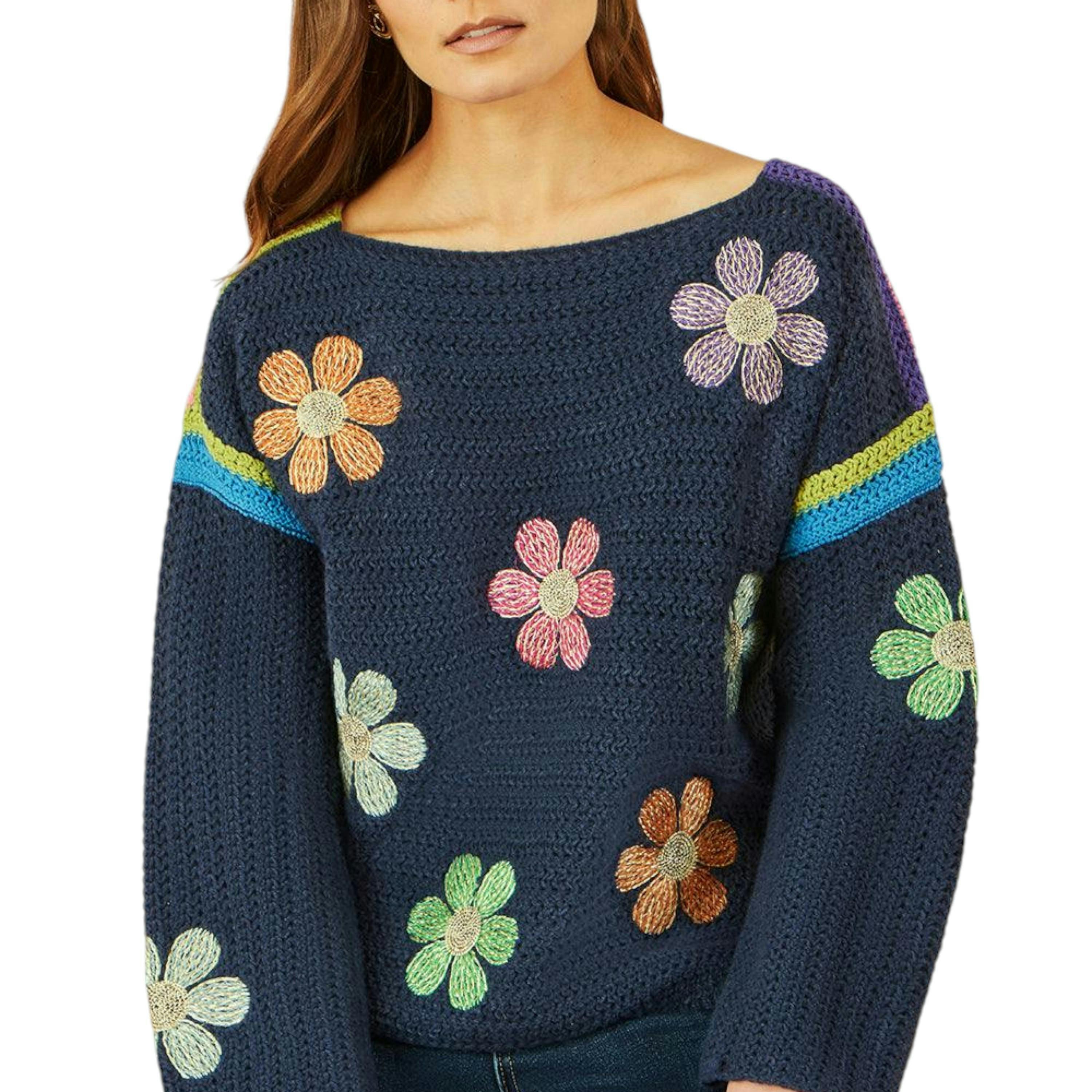 Yumi Navy Crochet Flower Jumper , view 1 of 5