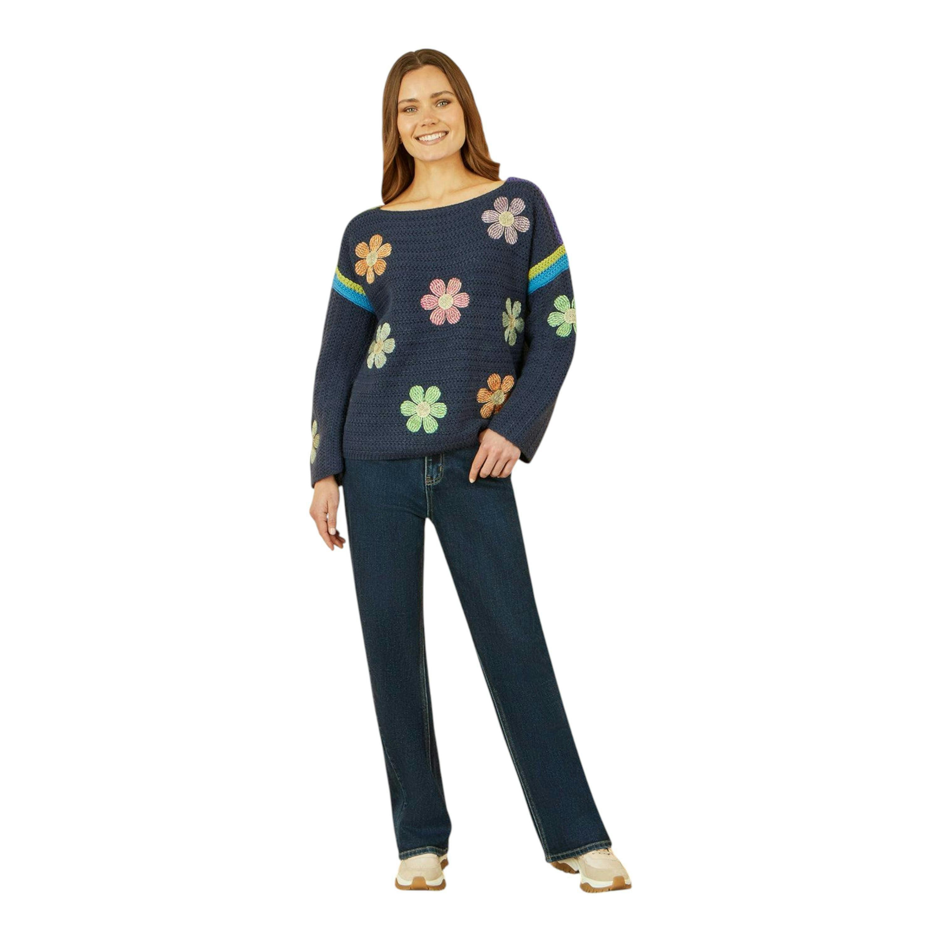 Yumi Navy Crochet Flower Jumper , view 2 of 5