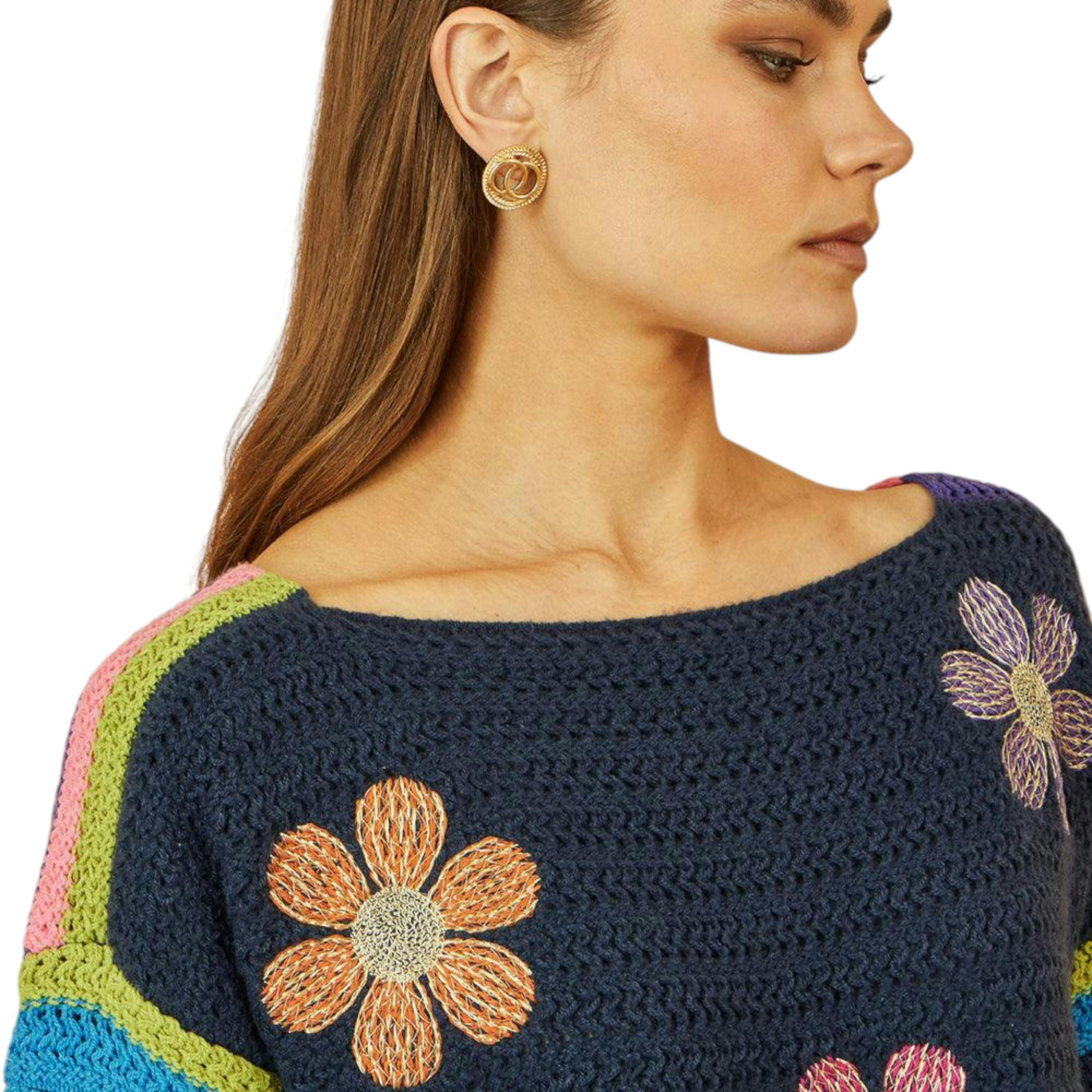 Yumi Navy Crochet Flower Jumper , view 3 of 5