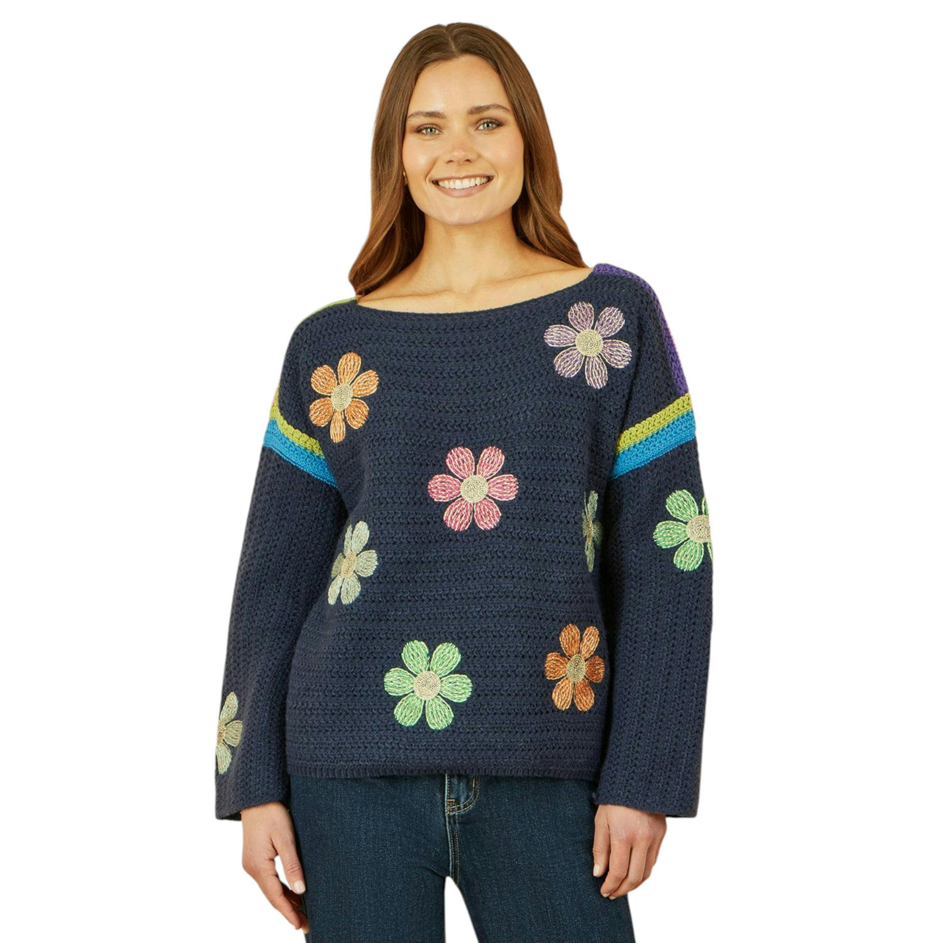 Yumi Navy Crochet Flower Jumper , view 4 of 5