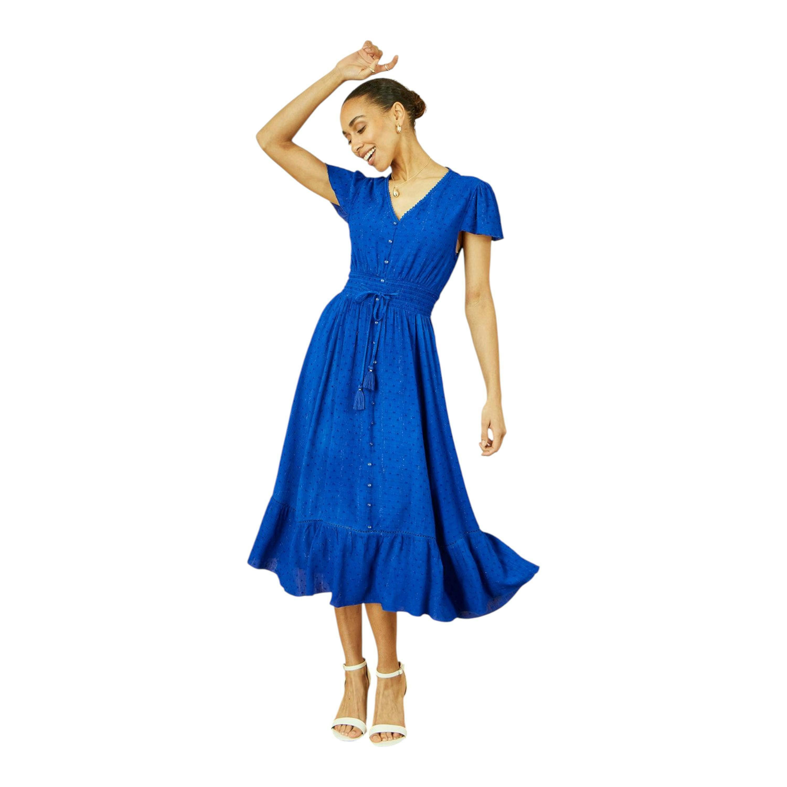 Yumi Blue Button Detail Midi Dress With Ruched Waist And Metallic Thread , view 1 of 6