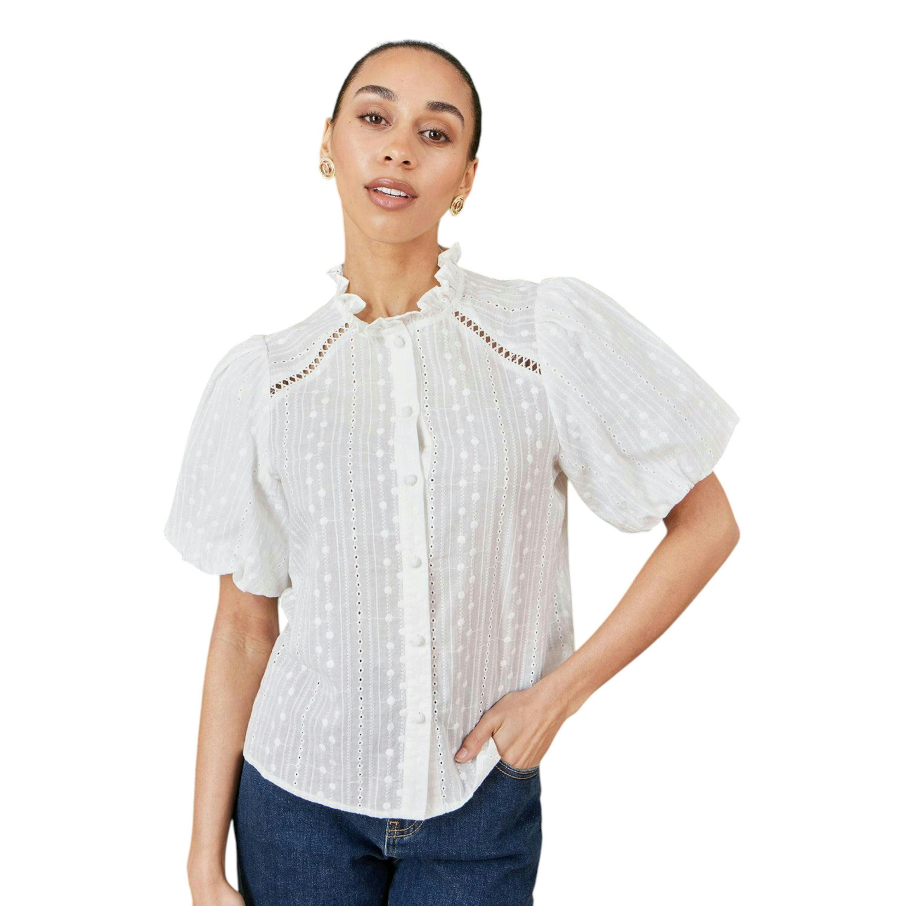 Yumi White Broderie Anglaise Puff Sleeve Shirt , view 1 of 5