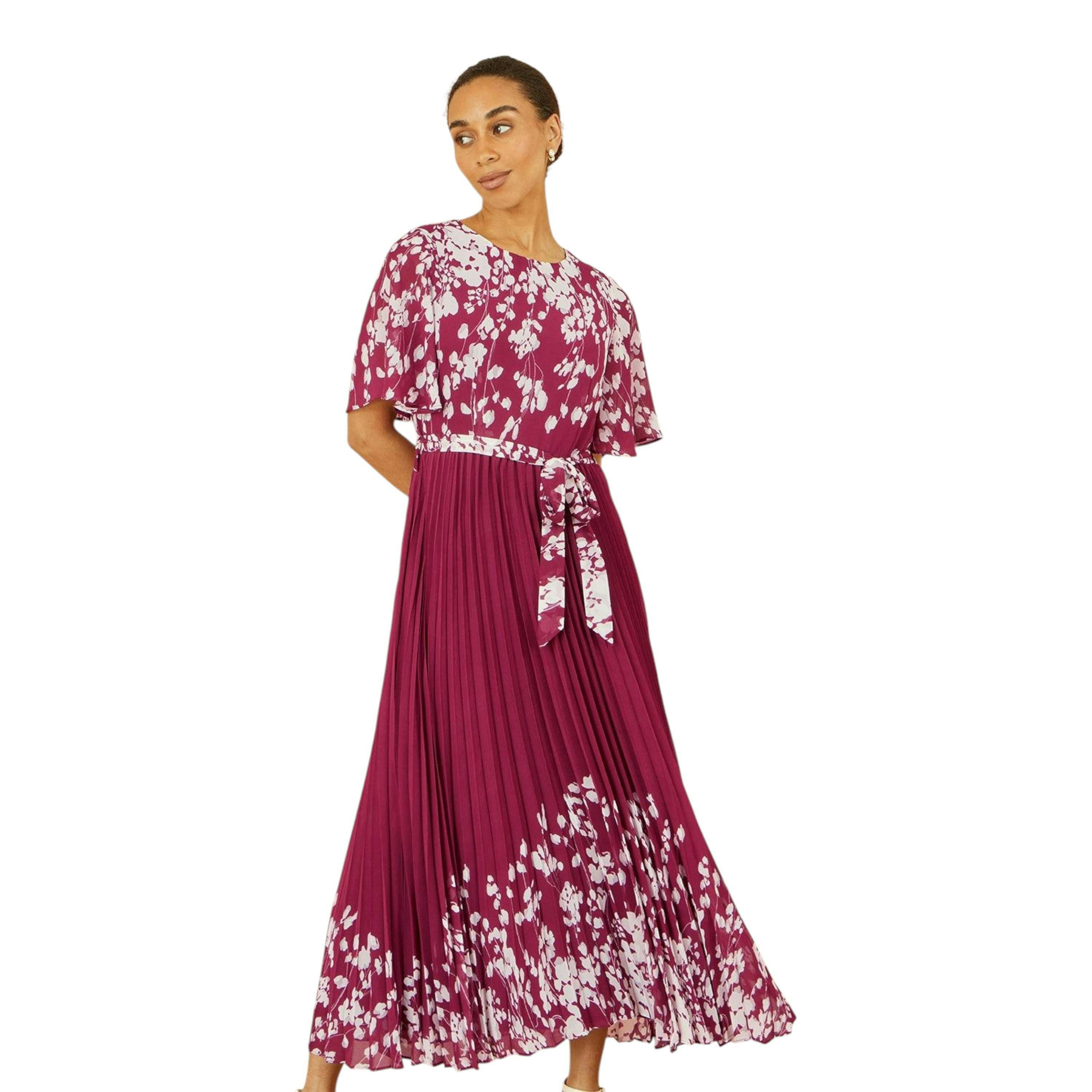 Yumi Burgundy Mirror Floral Design Pleated Midi Dress , view 1 of 4