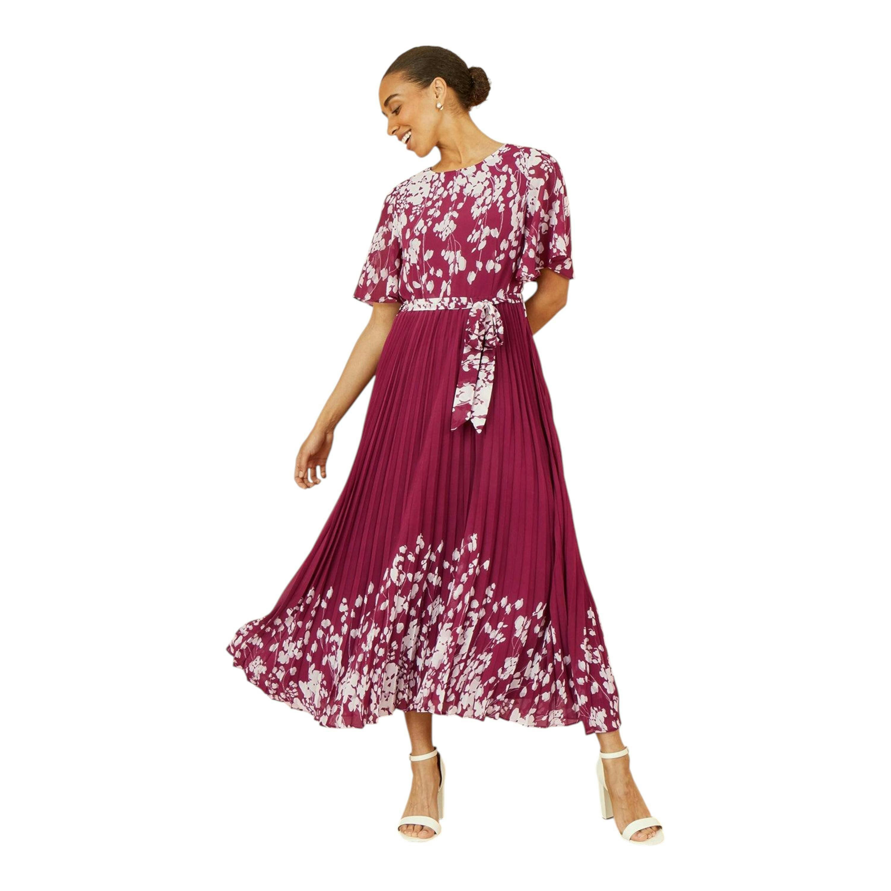 Yumi Burgundy Mirror Floral Design Pleated Midi Dress , view 2 of 4