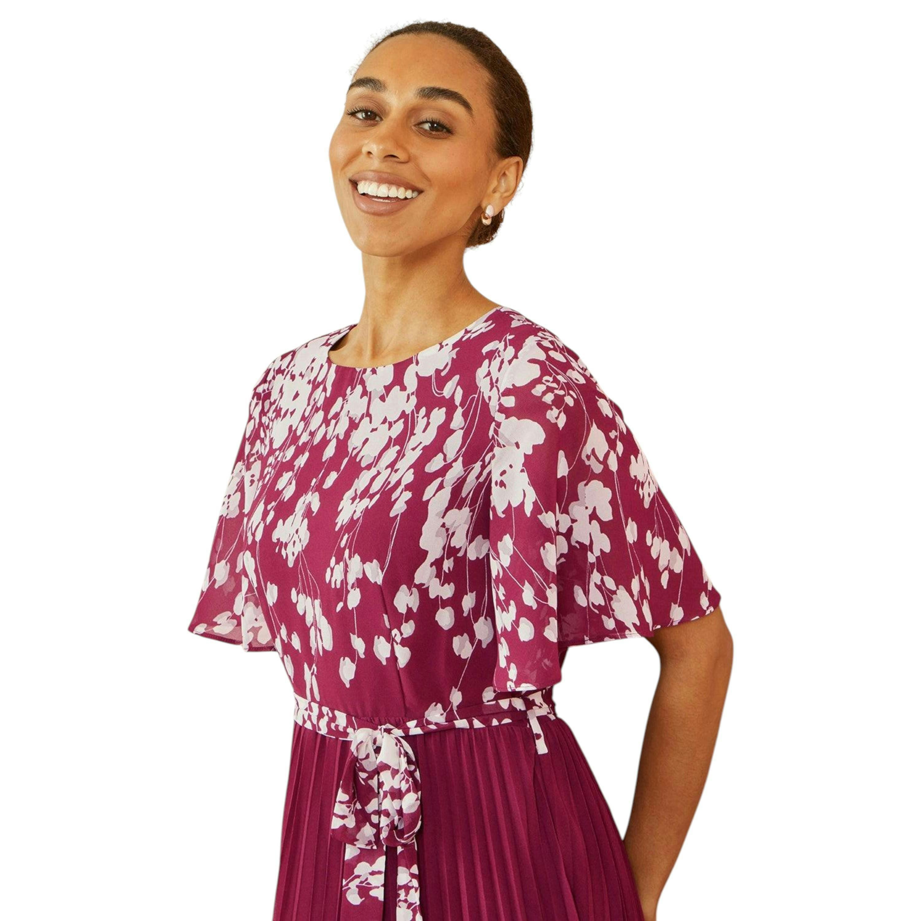 Yumi Burgundy Mirror Floral Design Pleated Midi Dress , view 3 of 4