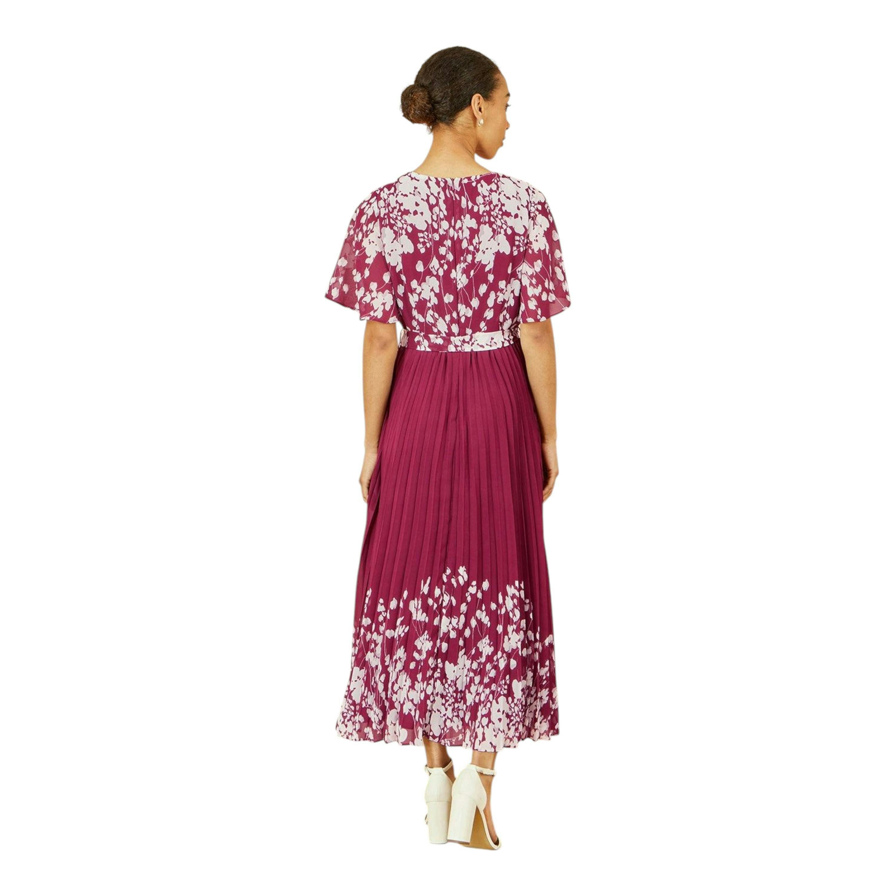 Yumi Burgundy Mirror Floral Design Pleated Midi Dress , view 4 of 4