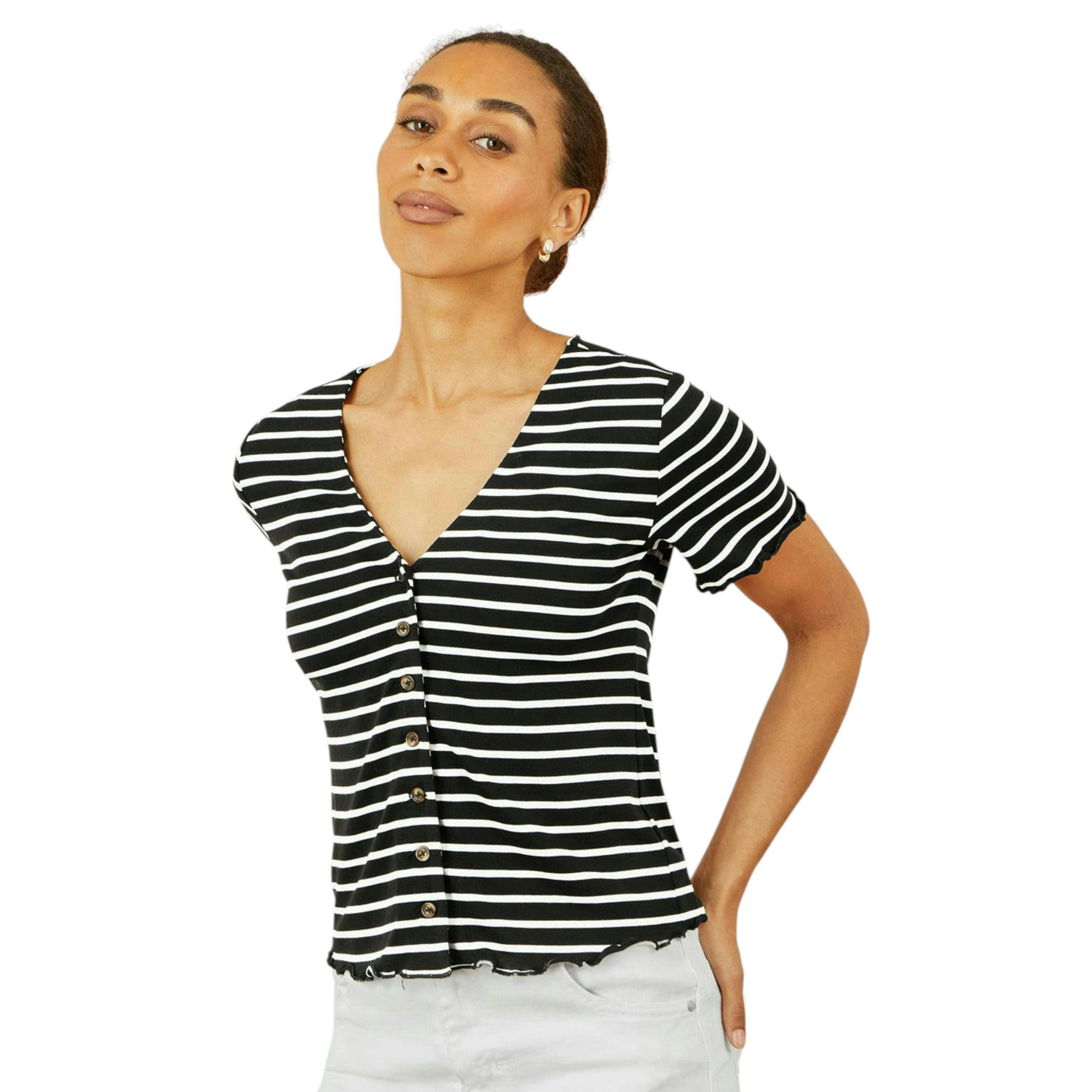 Yumi Black Striped Cotton Jersey Lettuce Trim T-Shirt , view 1 of 6