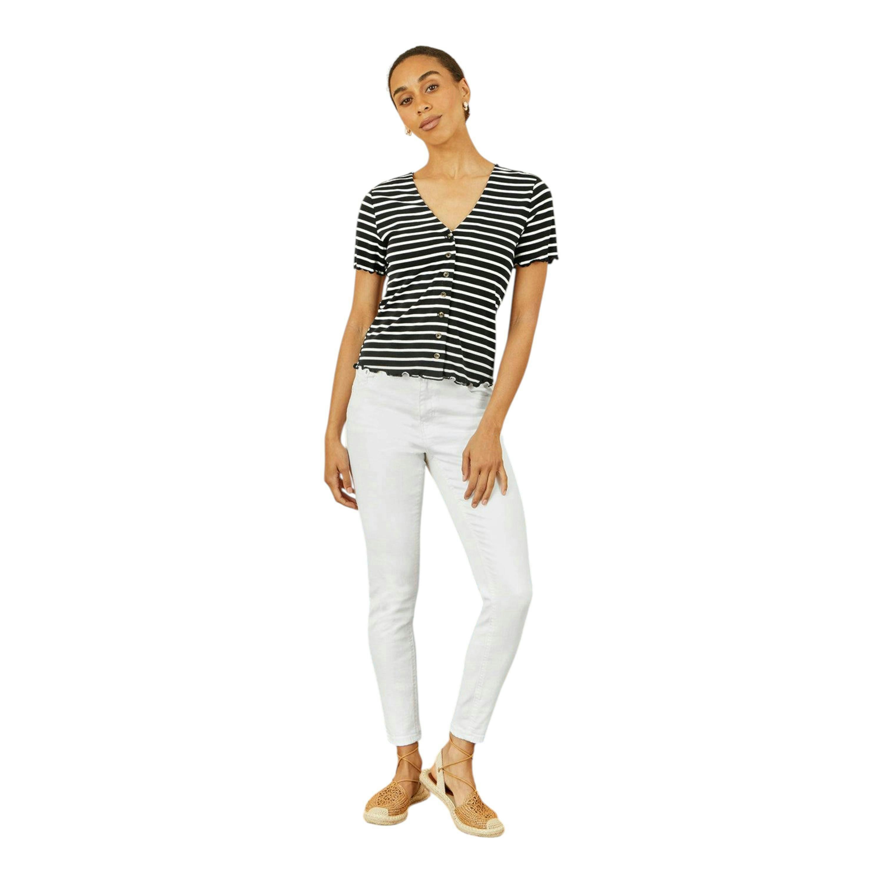 Yumi Black Striped Cotton Jersey Lettuce Trim T-Shirt , view 4 of 6
