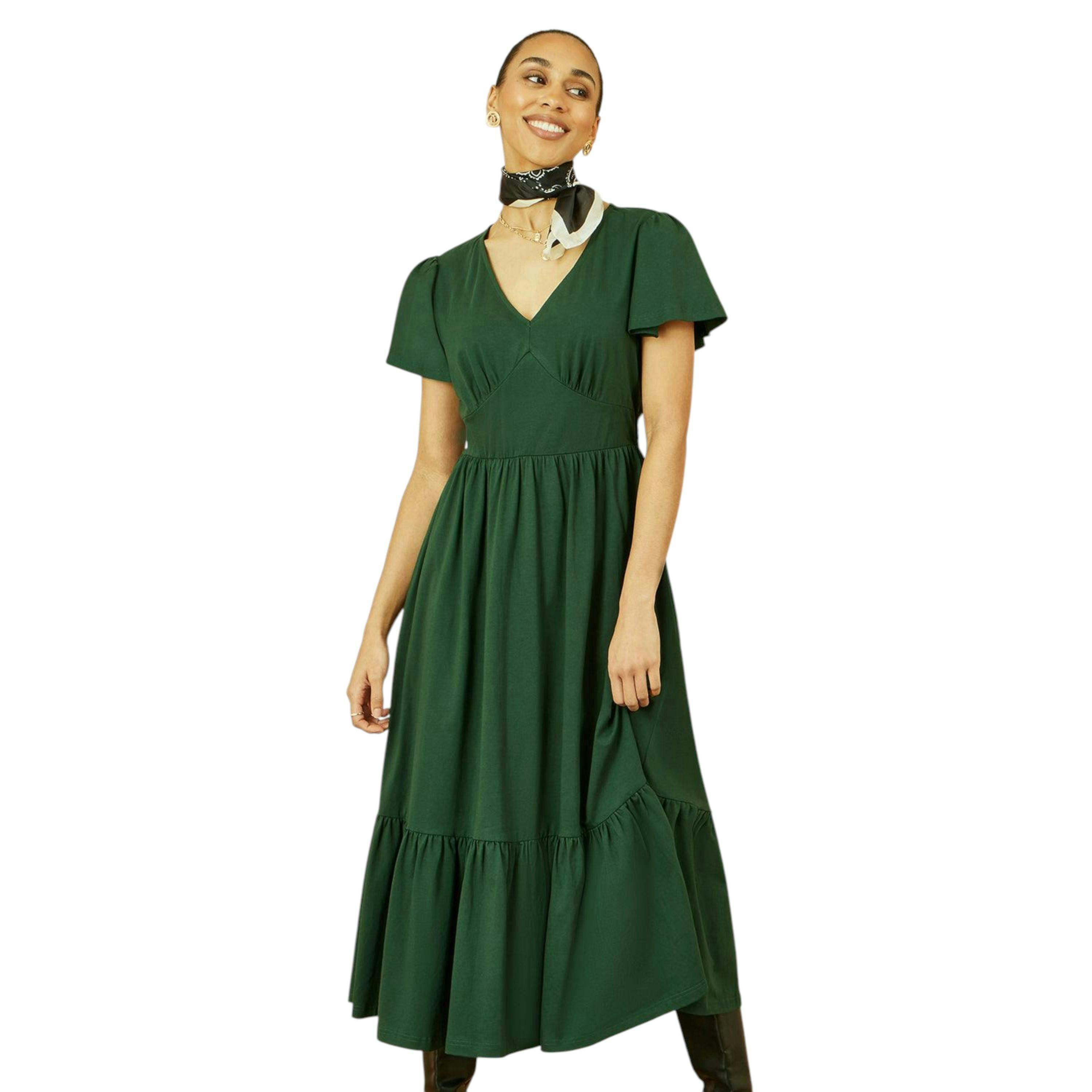 Yumi Green Cotton Jersey V Neck Midi Dress , view 1 of 5