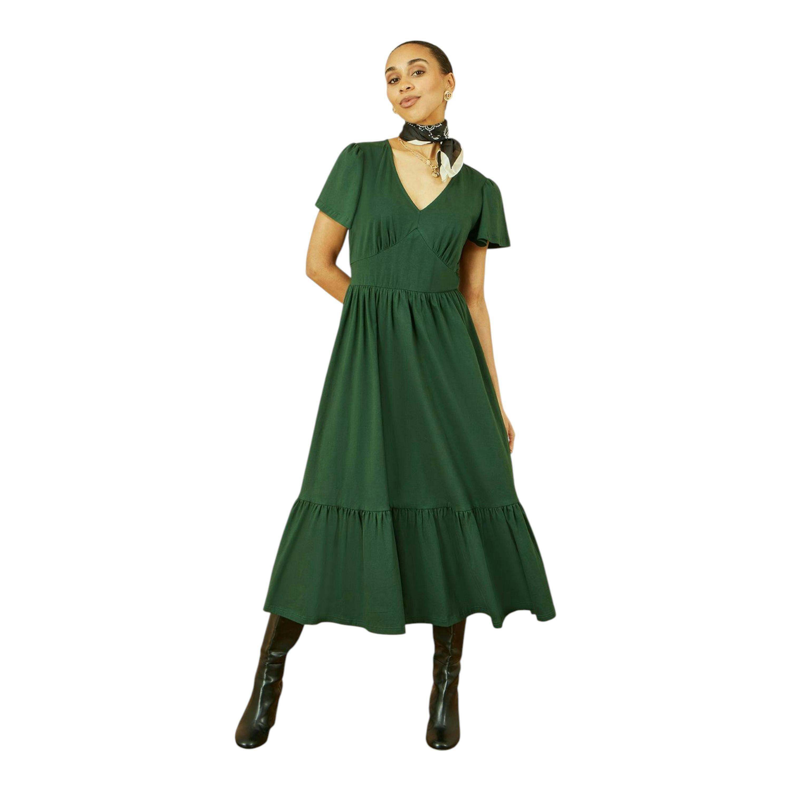 Yumi Green Cotton Jersey V Neck Midi Dress , view 3 of 5