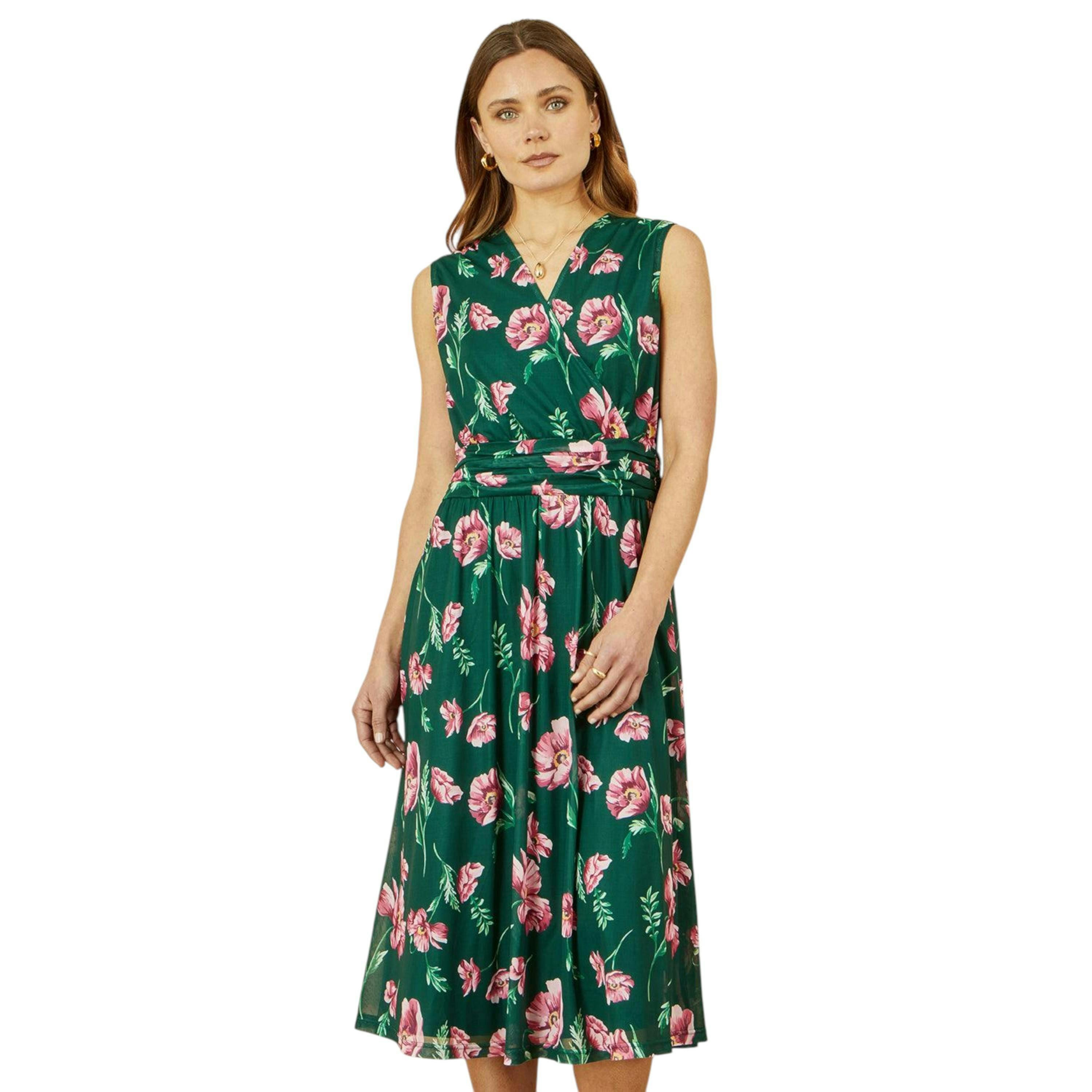 Yumi Green Floral Print Mesh Stretch Midi Dress With Pockets , view 1 of 5