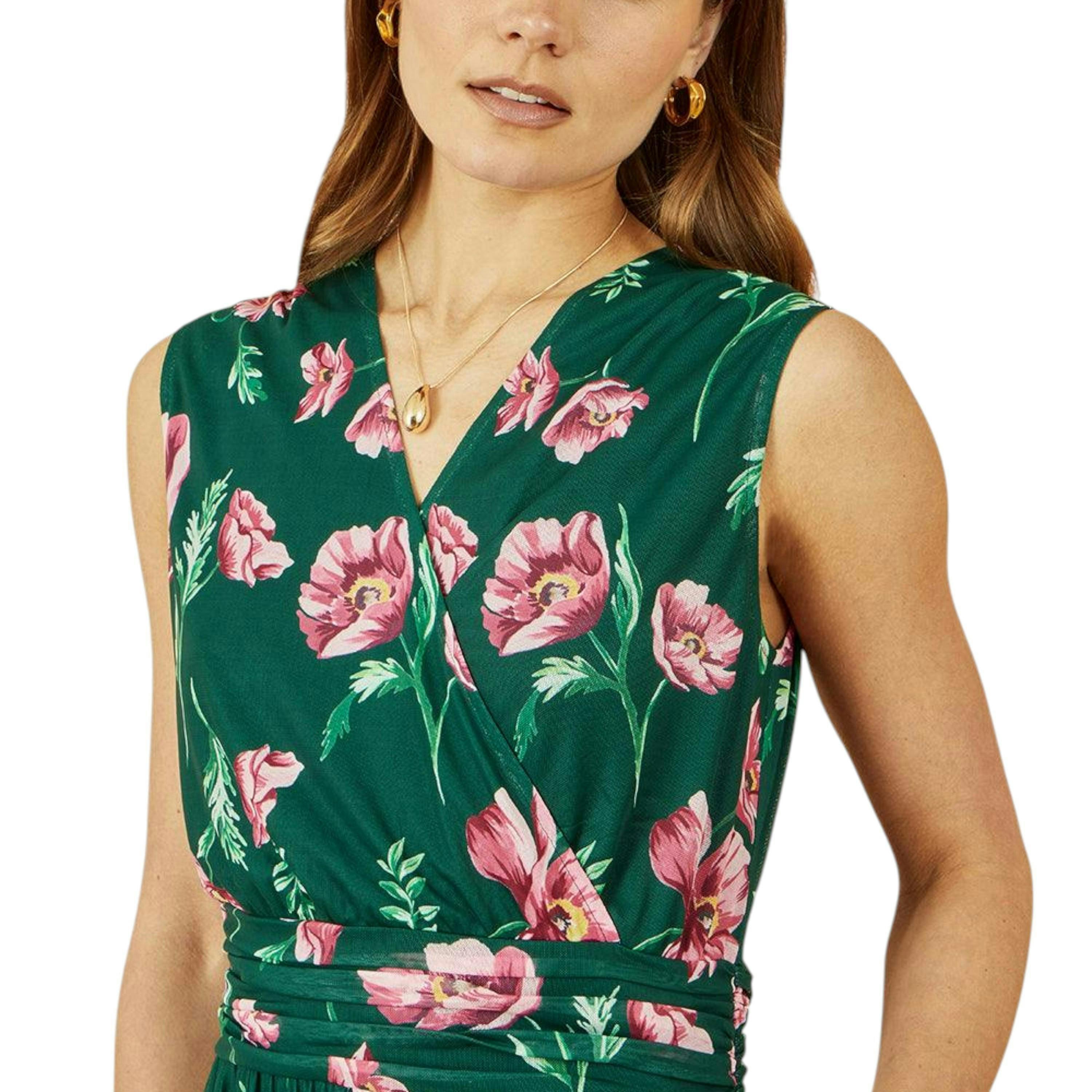 Yumi Green Floral Print Mesh Stretch Midi Dress With Pockets , view 2 of 5