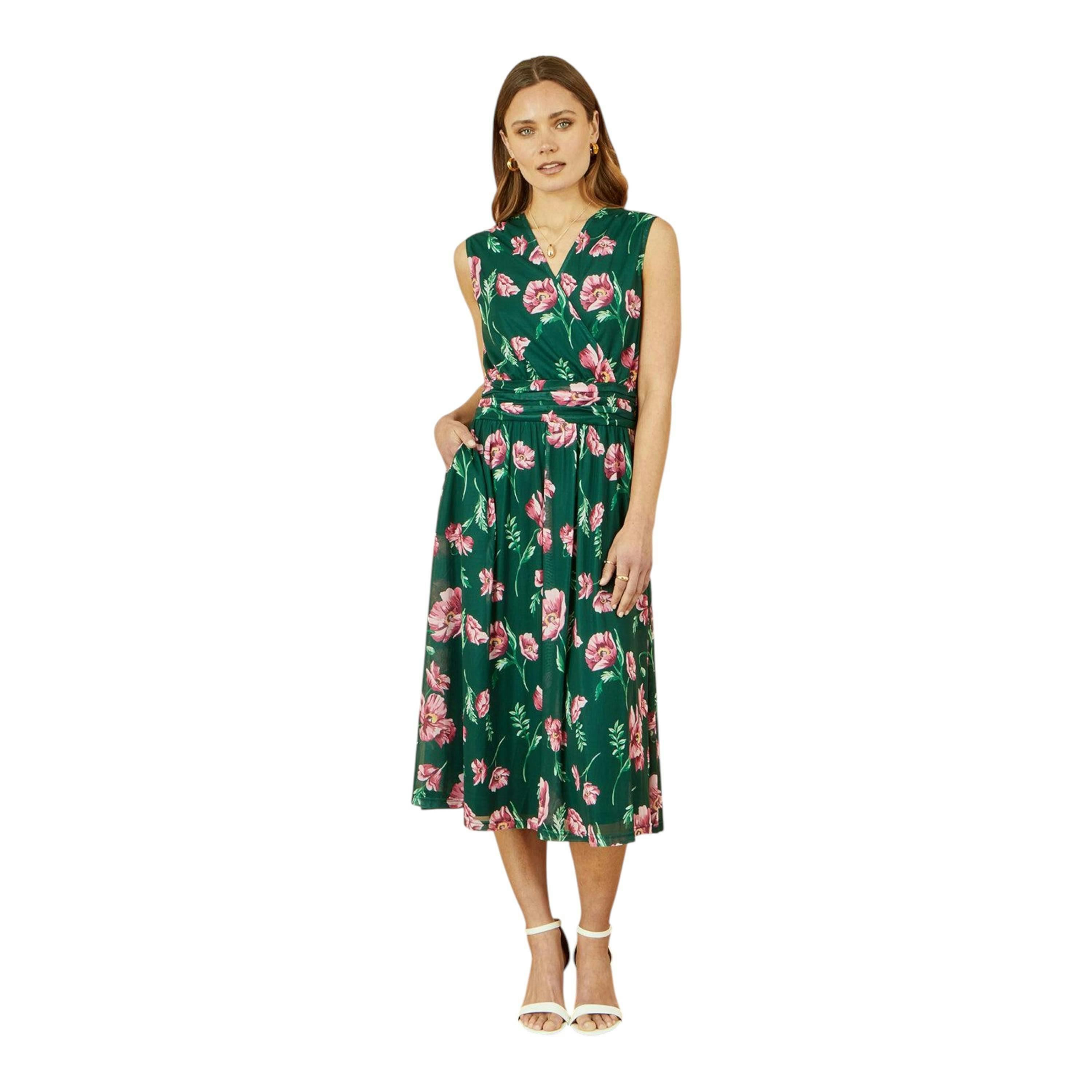 Yumi Green Floral Print Mesh Stretch Midi Dress With Pockets , view 3 of 5