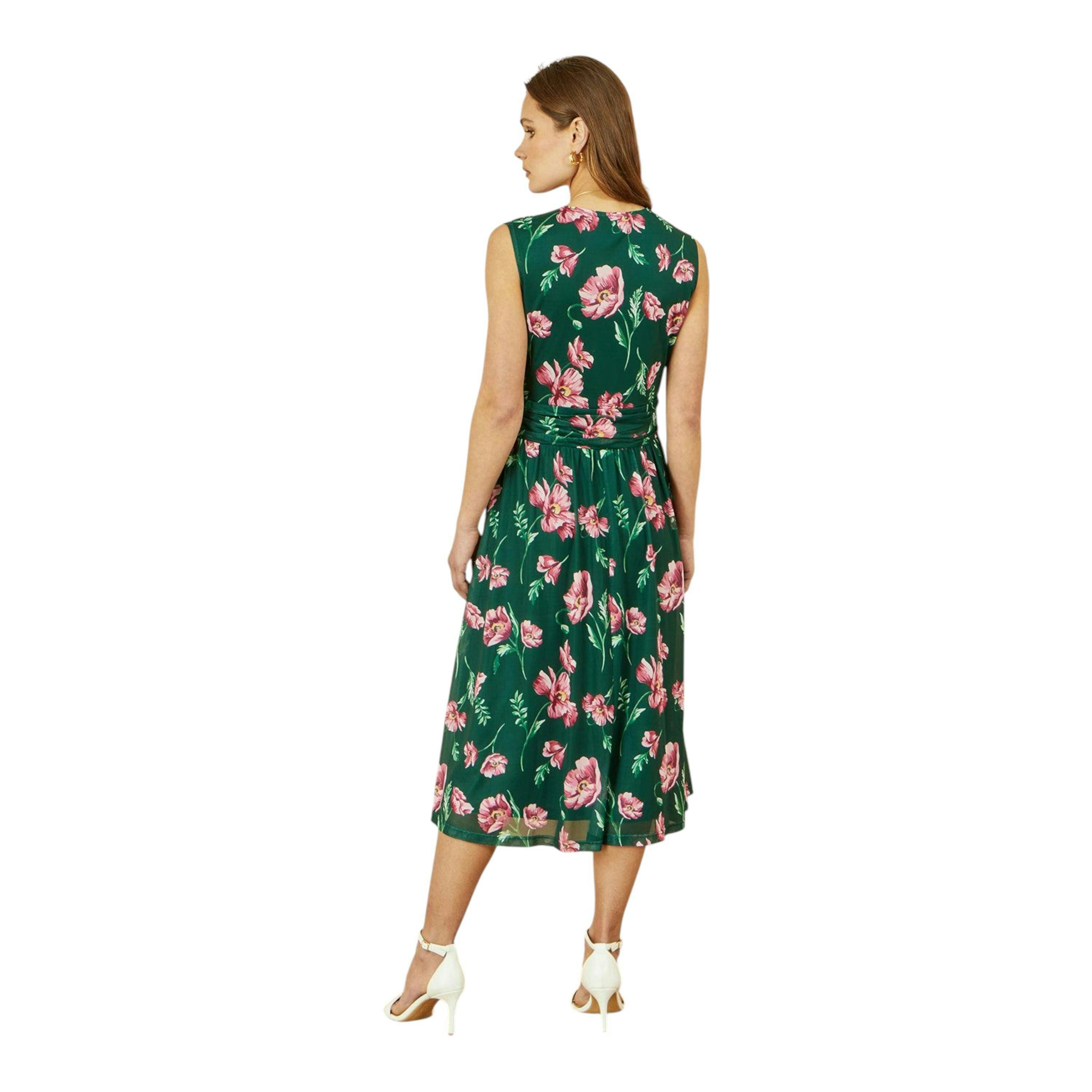 Yumi Green Floral Print Mesh Stretch Midi Dress With Pockets , view 4 of 5