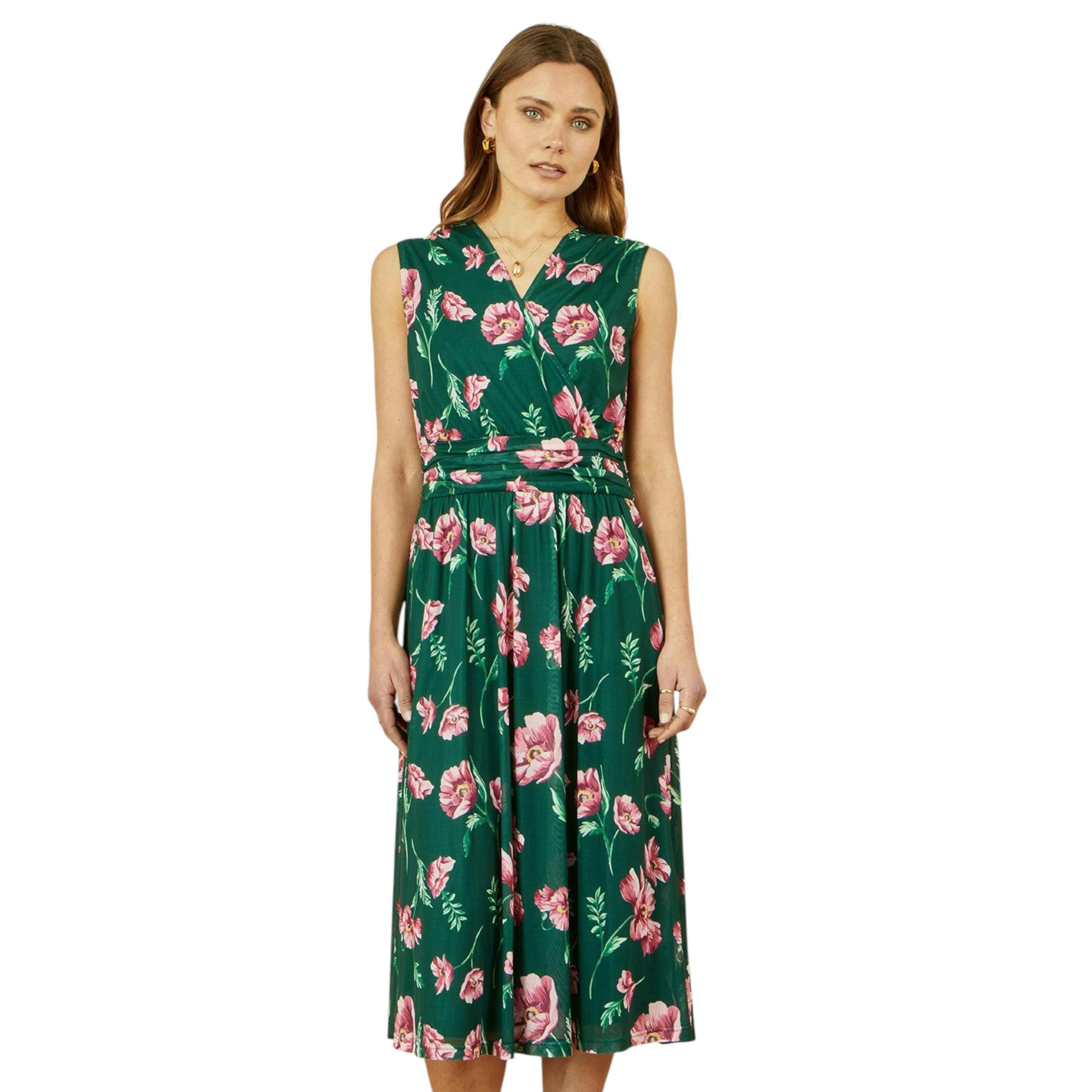 Yumi Green Floral Print Mesh Stretch Midi Dress With Pockets , view 5 of 5