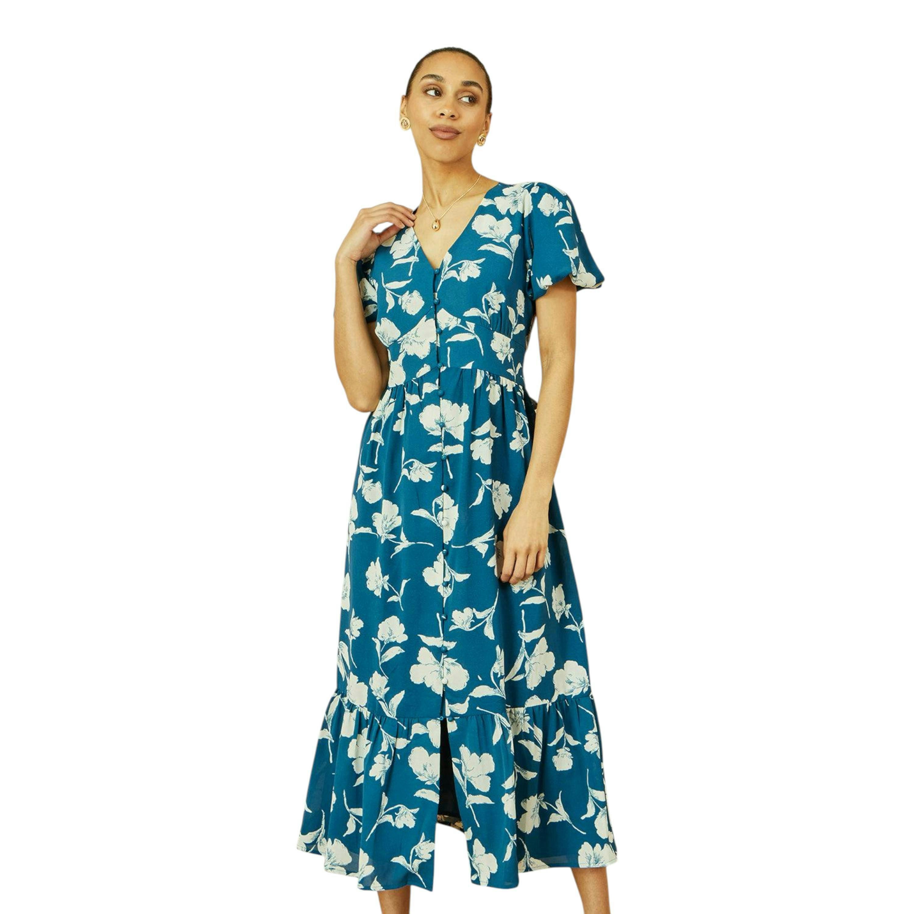 Yumi Teal Floral Button Down Floral Midi Dress , view 1 of 6