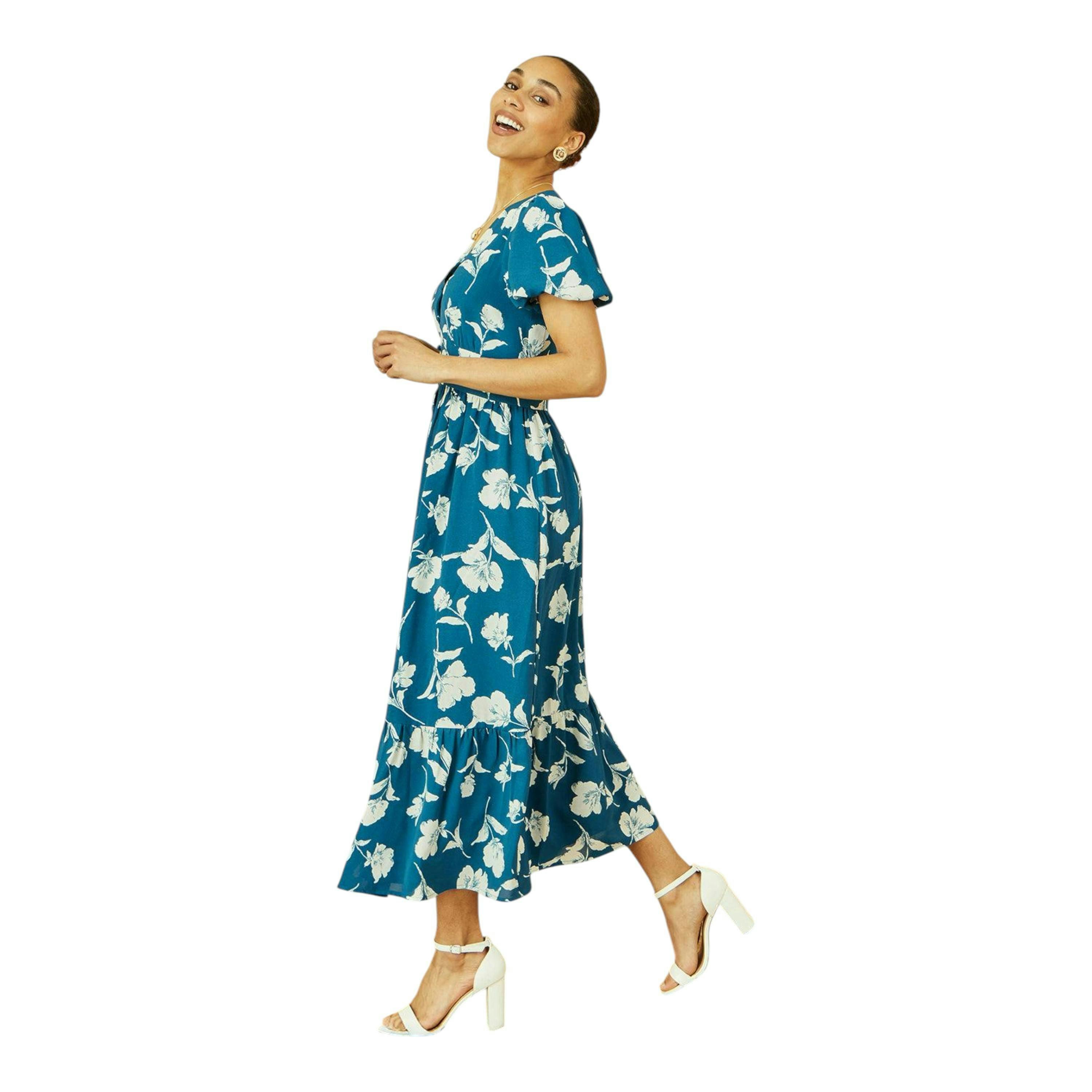 Yumi Teal Floral Button Down Floral Midi Dress , view 3 of 6