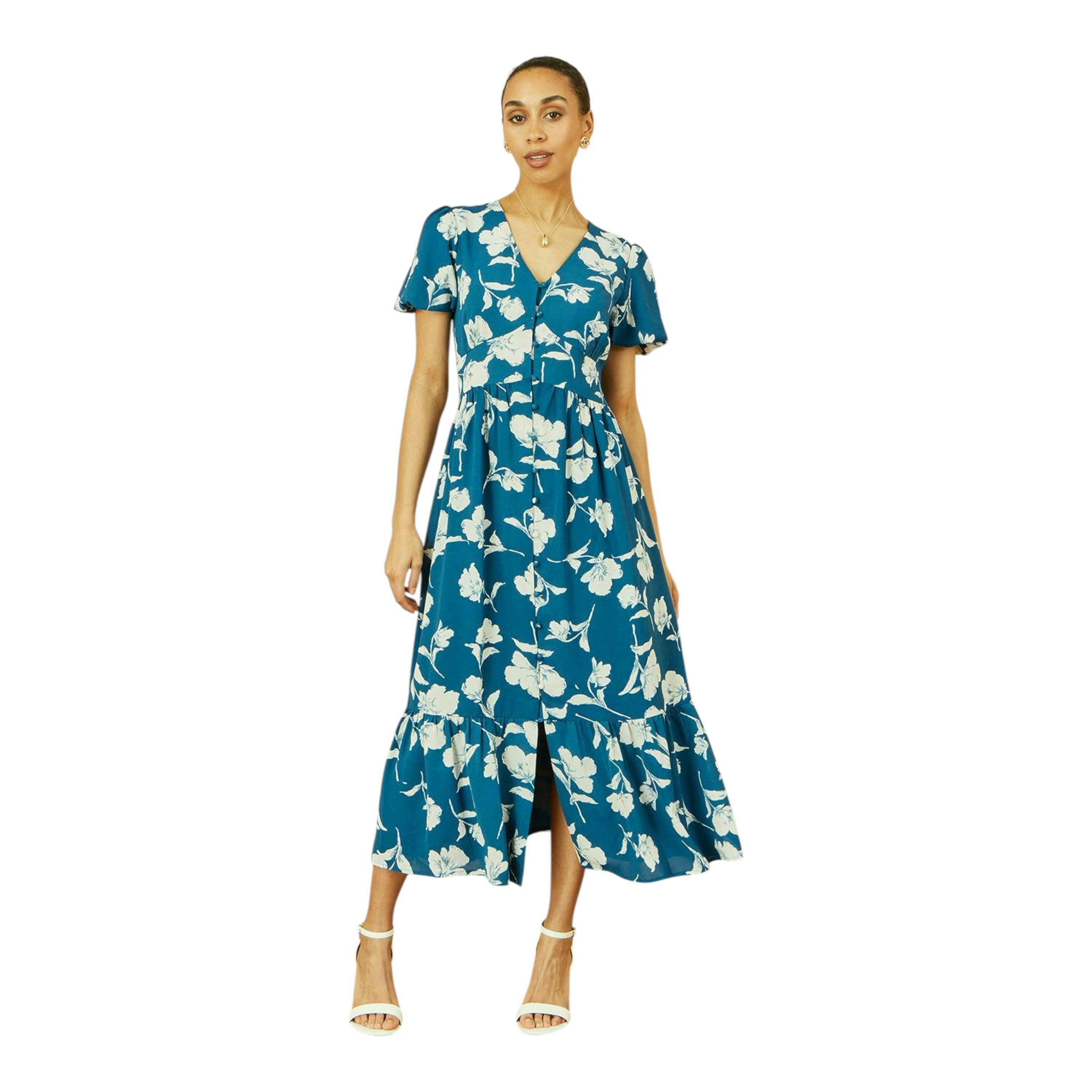 Yumi Teal Floral Button Down Floral Midi Dress , view 4 of 6