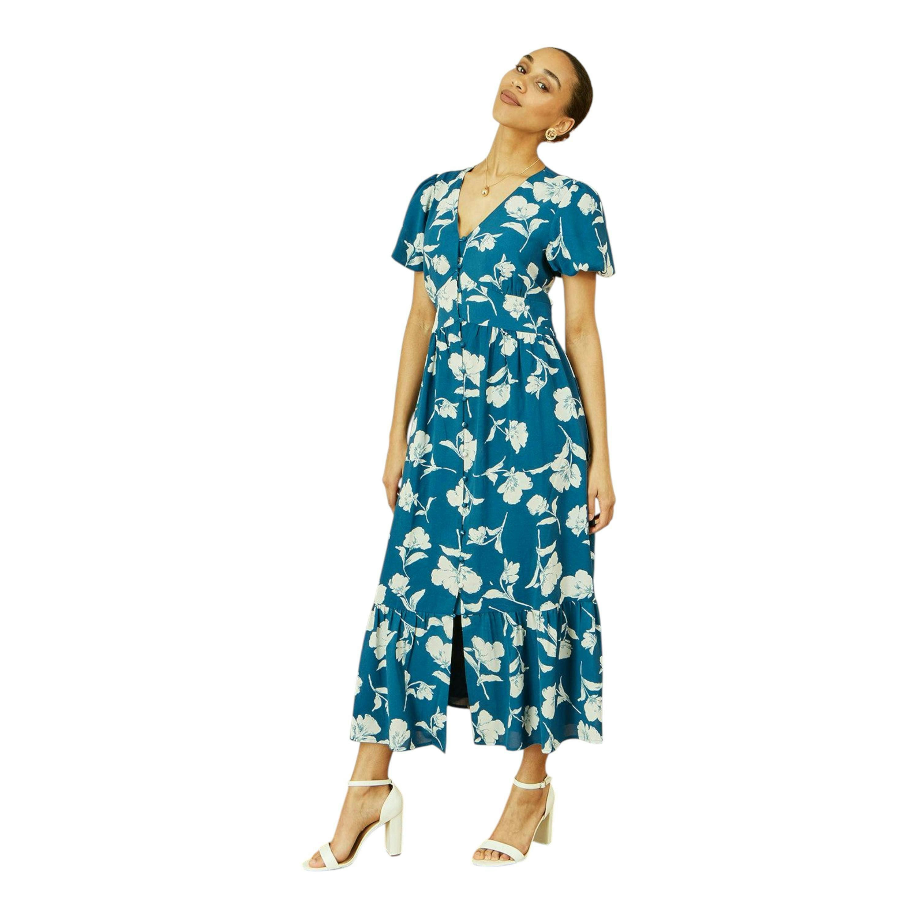 Yumi Teal Floral Button Down Floral Midi Dress , view 6 of 6