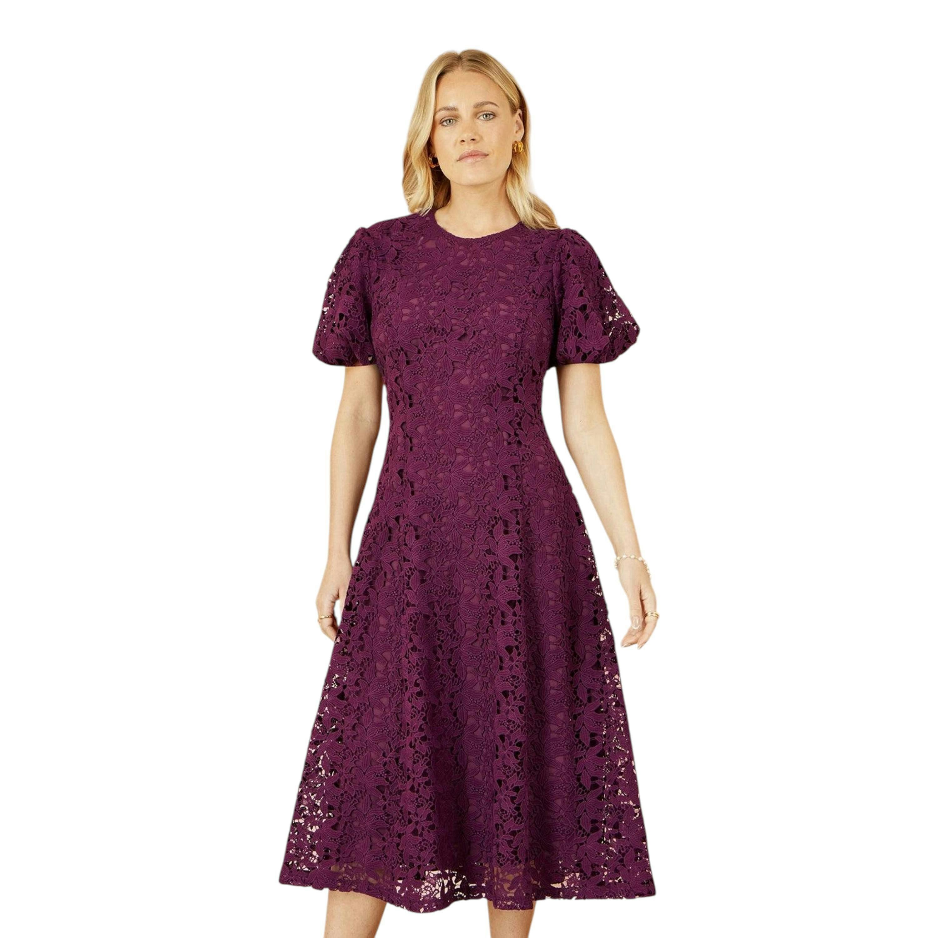 Yumi Burgundy Lace Midi Skater Dress , view 1 of 5