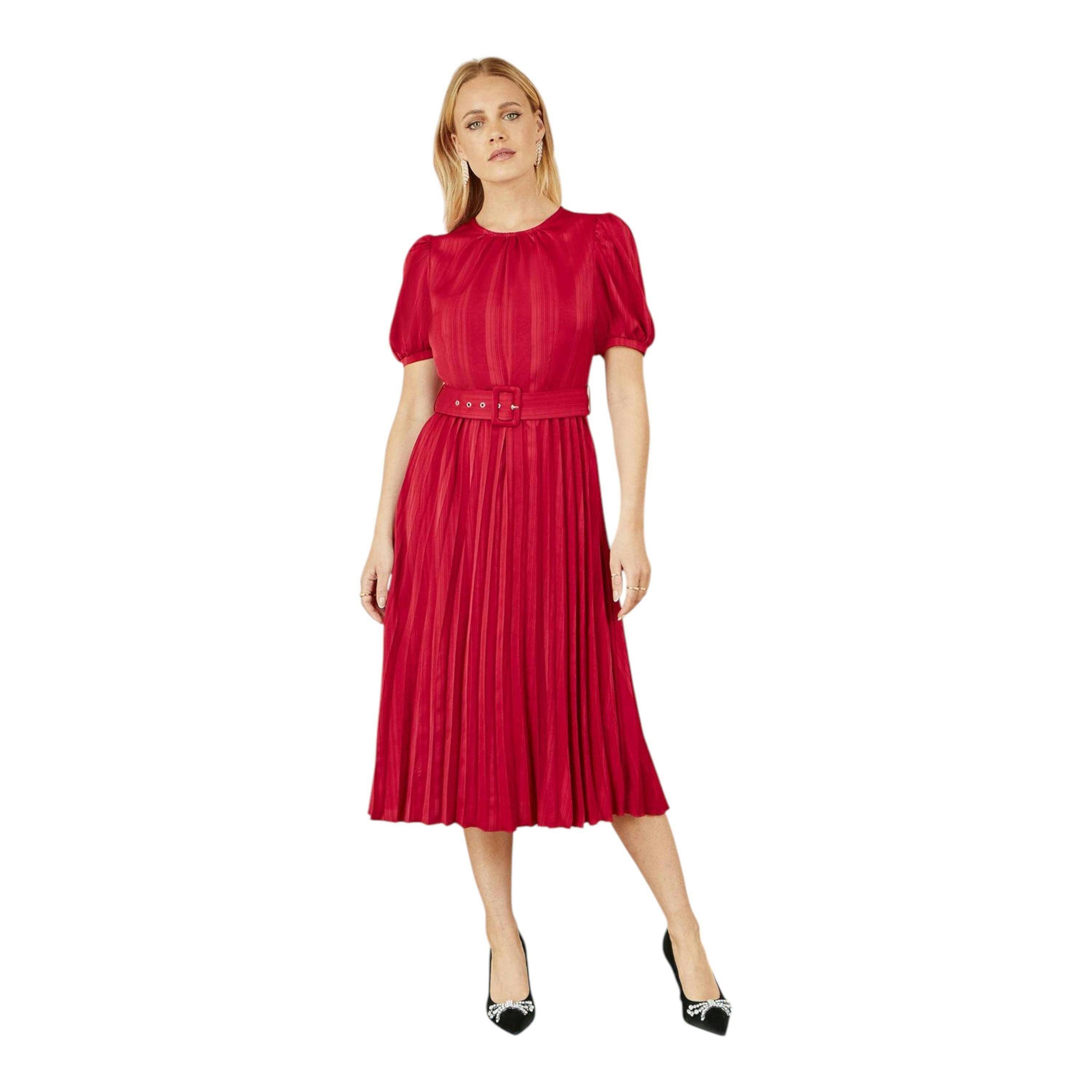 Yumi Red Satin Striped Midi Dress With Pleats and Matching Belt , view 1 of 5