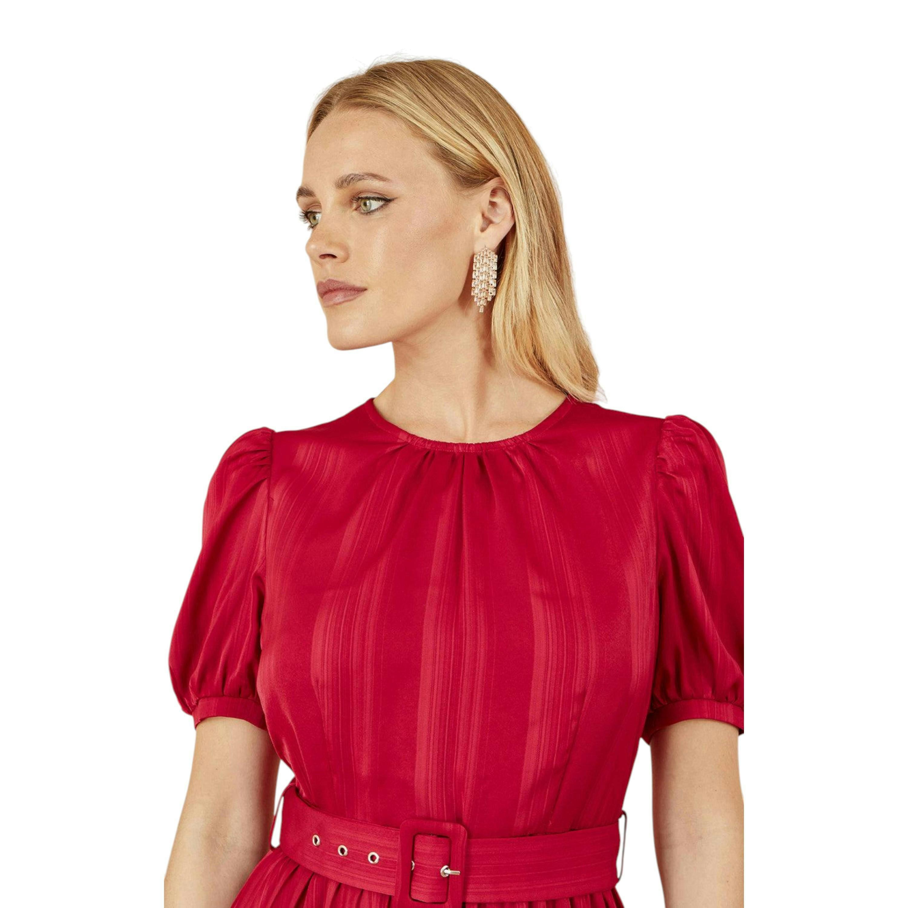 Yumi Red Satin Striped Midi Dress With Pleats and Matching Belt , view 2 of 5