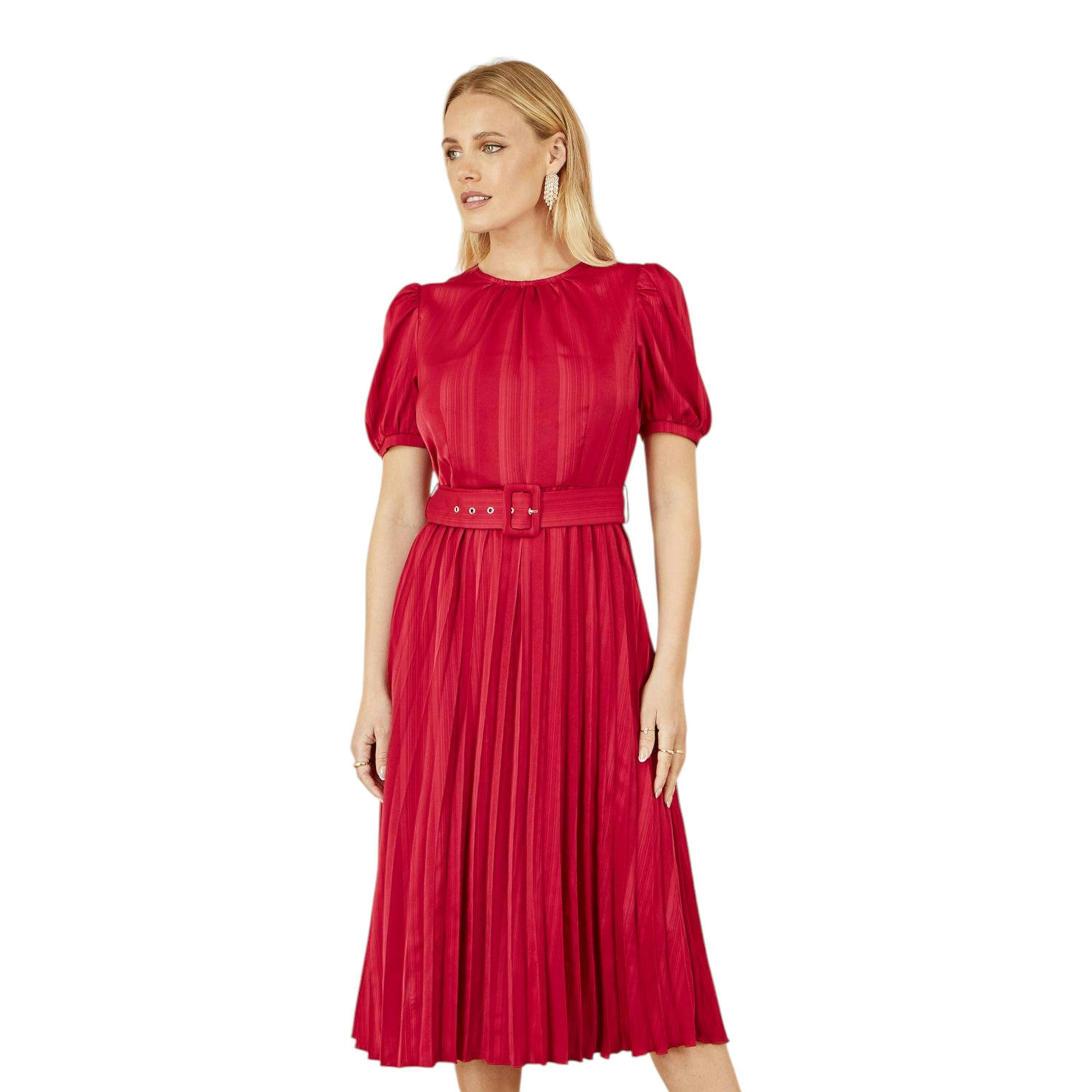 Yumi Red Satin Striped Midi Dress With Pleats and Matching Belt , view 3 of 5